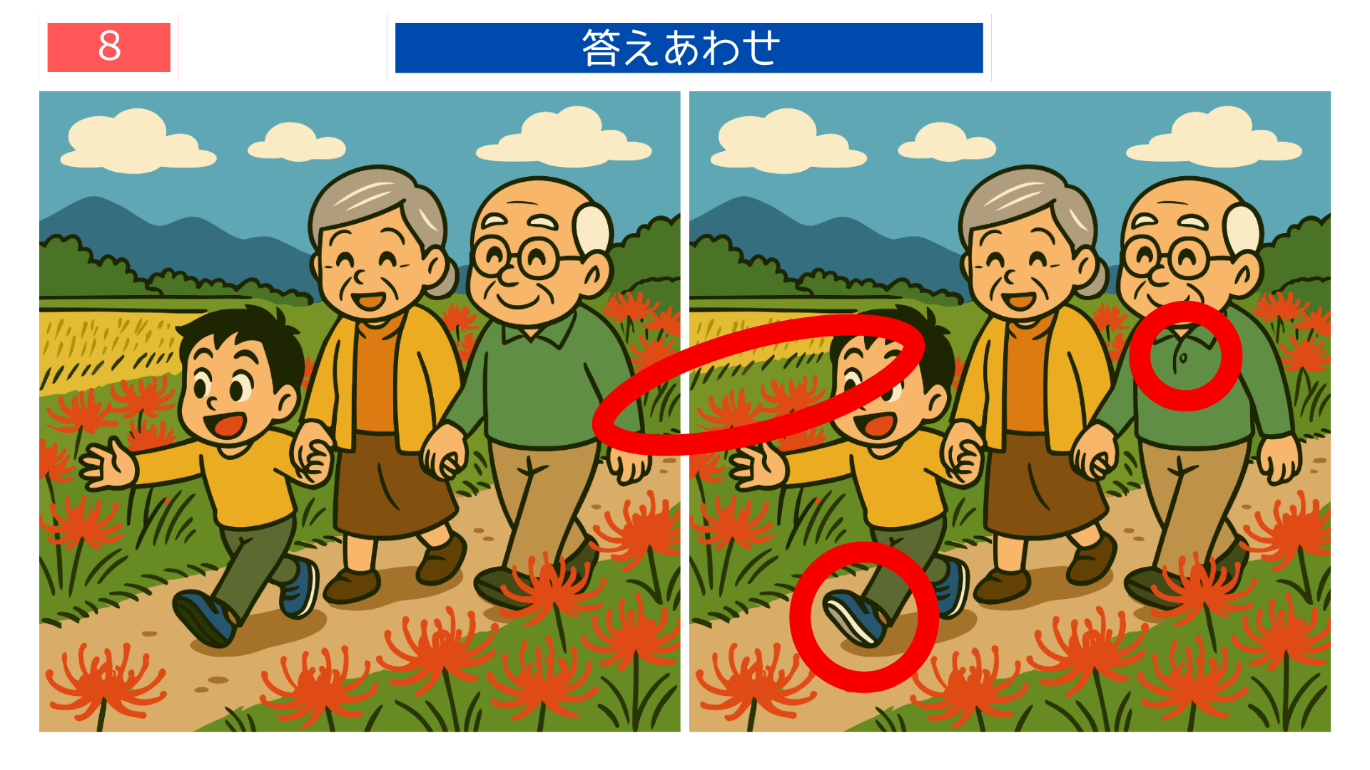 間違い探しクイズ|祖父母と孫が花道を歩く答えイラスト
