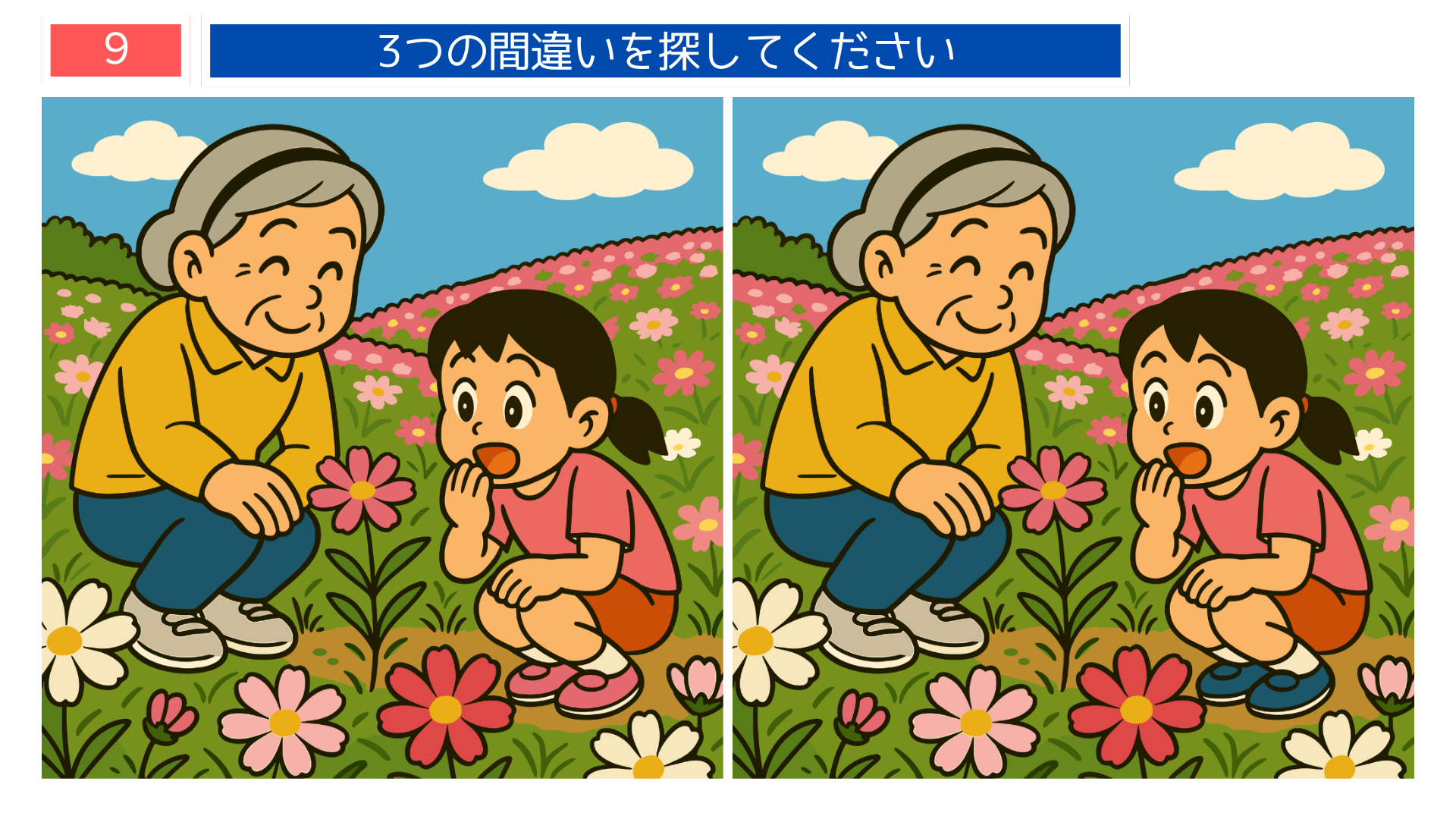 間違い探しクイズ|コスモス畑で花を眺めるおばあちゃんと孫娘のイラスト