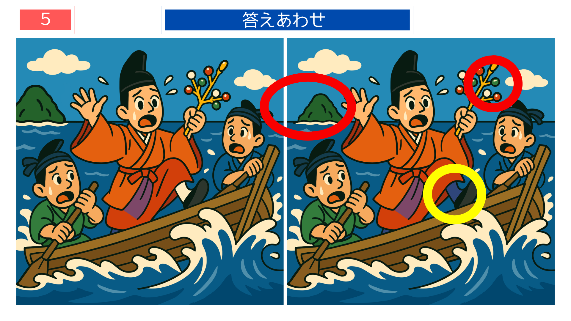間違い探しクイズ|嵐の海で慌てる貴族たちの船旅イラストの答え