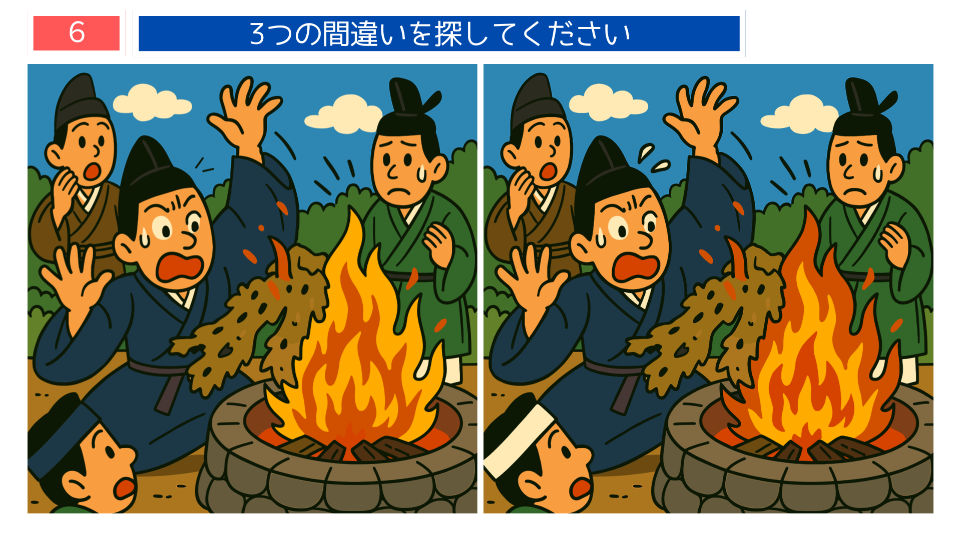 間違い探しクイズ|炎の中に宝物を投げ入れる貴族たちのイラスト