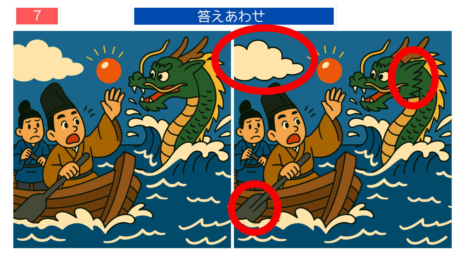 間違い探しクイズ|嵐の海に現れた竜と驚く貴族たちのイラストの答え