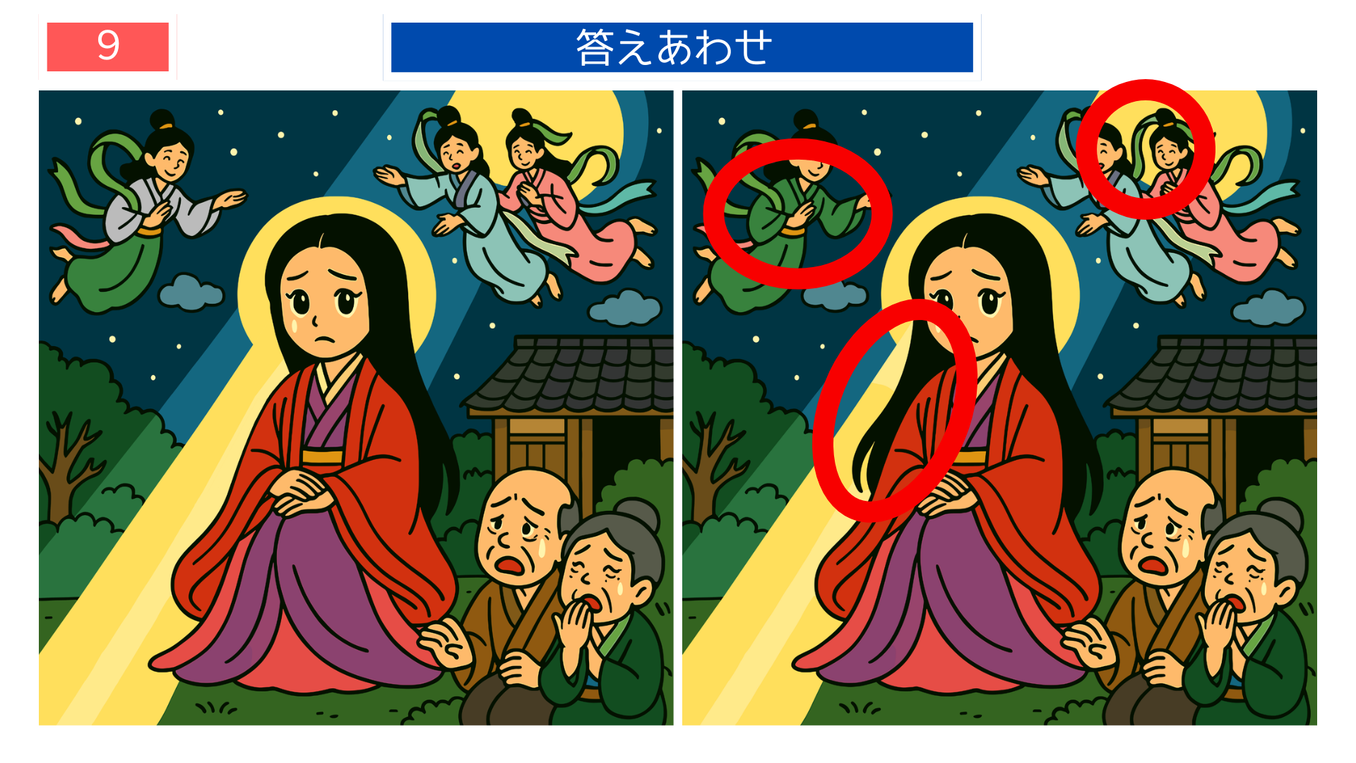 間違い探しクイズ|月に帰るかぐや姫と泣きながら見送る老夫婦のイラストの答え