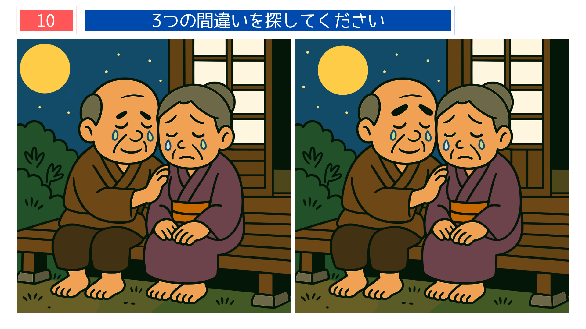間違い探しクイズ|満月を見上げて涙を流す老夫婦のイラスト