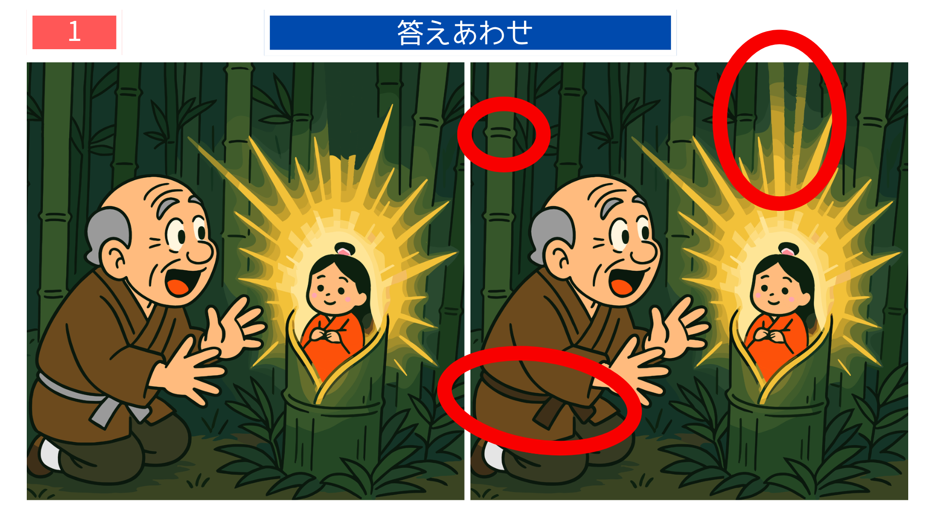 間違い探しクイズ|竹の中で光り輝くかぐや姫とおじいさんのイラストの答え