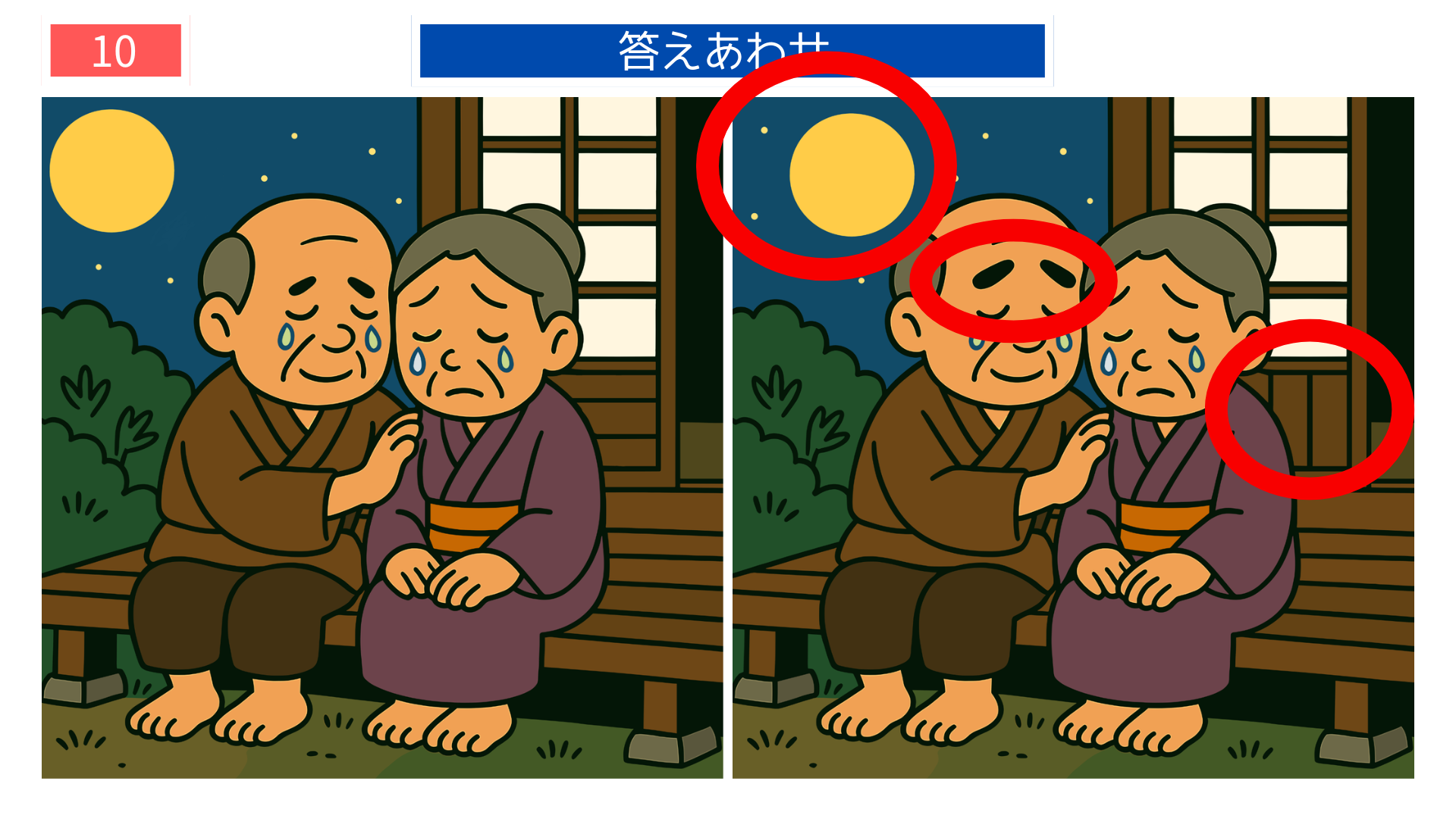 間違い探しクイズ|満月を見上げて涙を流す老夫婦のイラストの答え