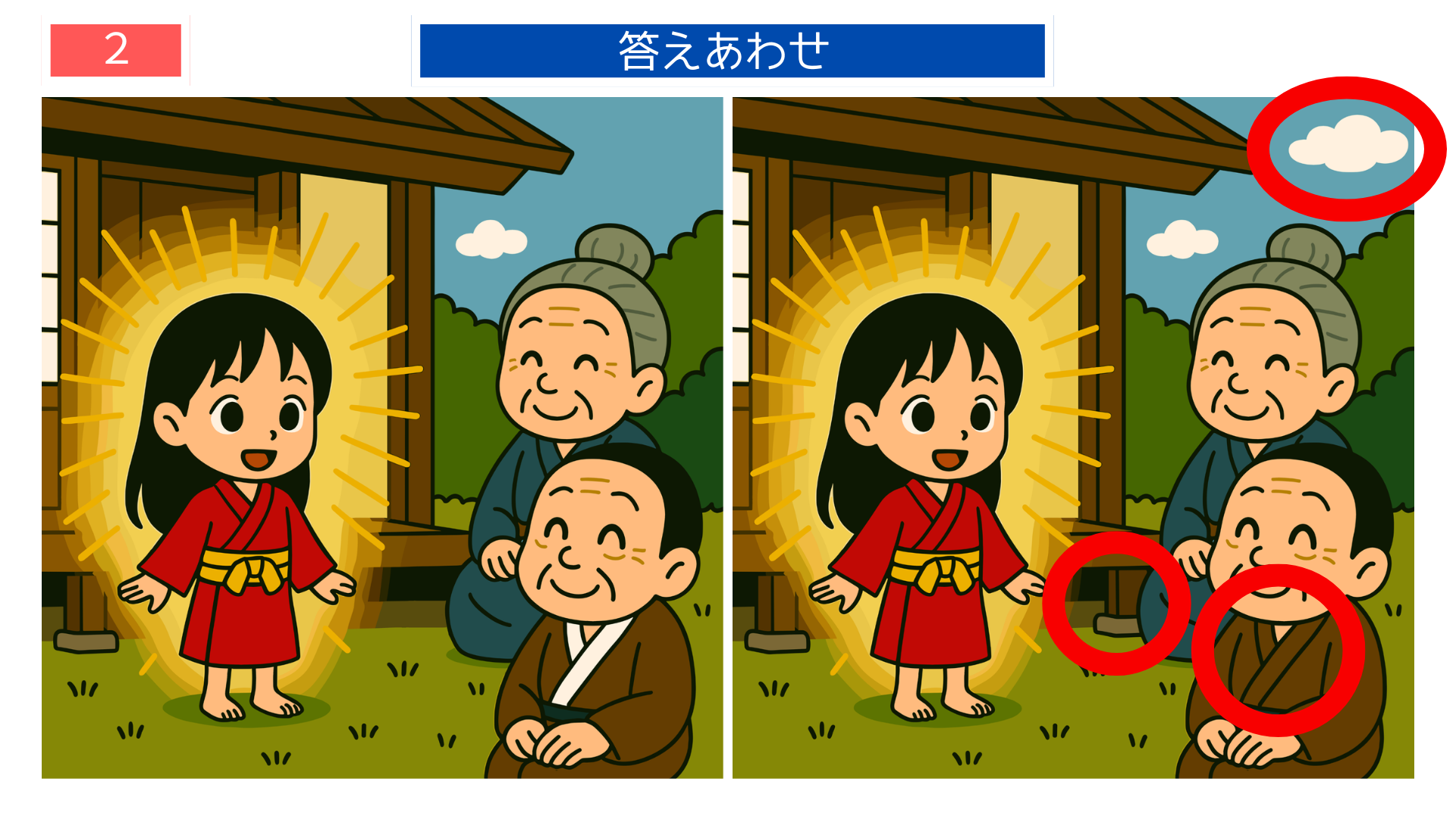 間違い探しクイズ|幼いかぐや姫を育てるおじいさんとおばあさんのイラストの答え
