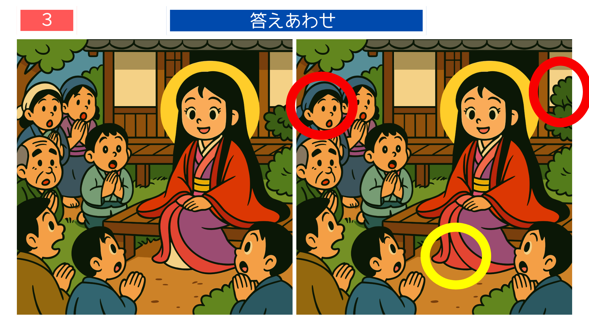 間違い探しクイズ|美しく成長したかぐや姫を見つめる村人たちのイラストの答え