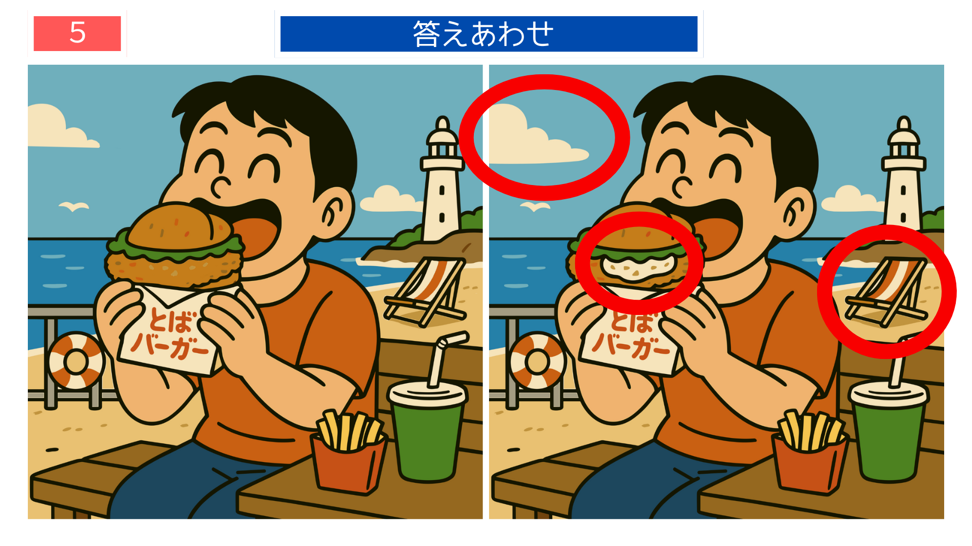 間違い探しクイズ|鳥羽バーガーと灯台のある風景の答えイラスト