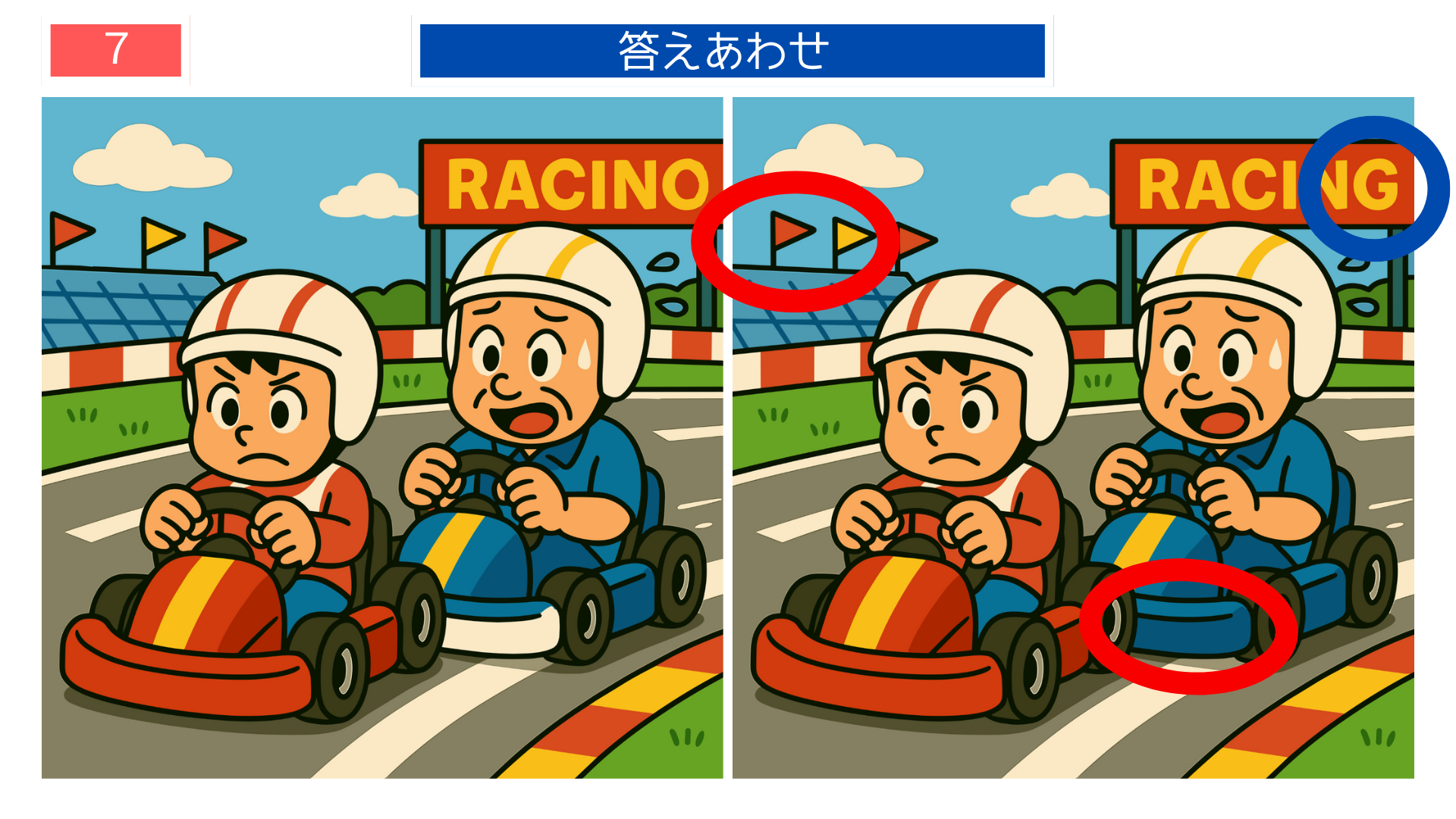 間違い探しクイズ|ゴーカートでレースを楽しむ親子の答えイラスト