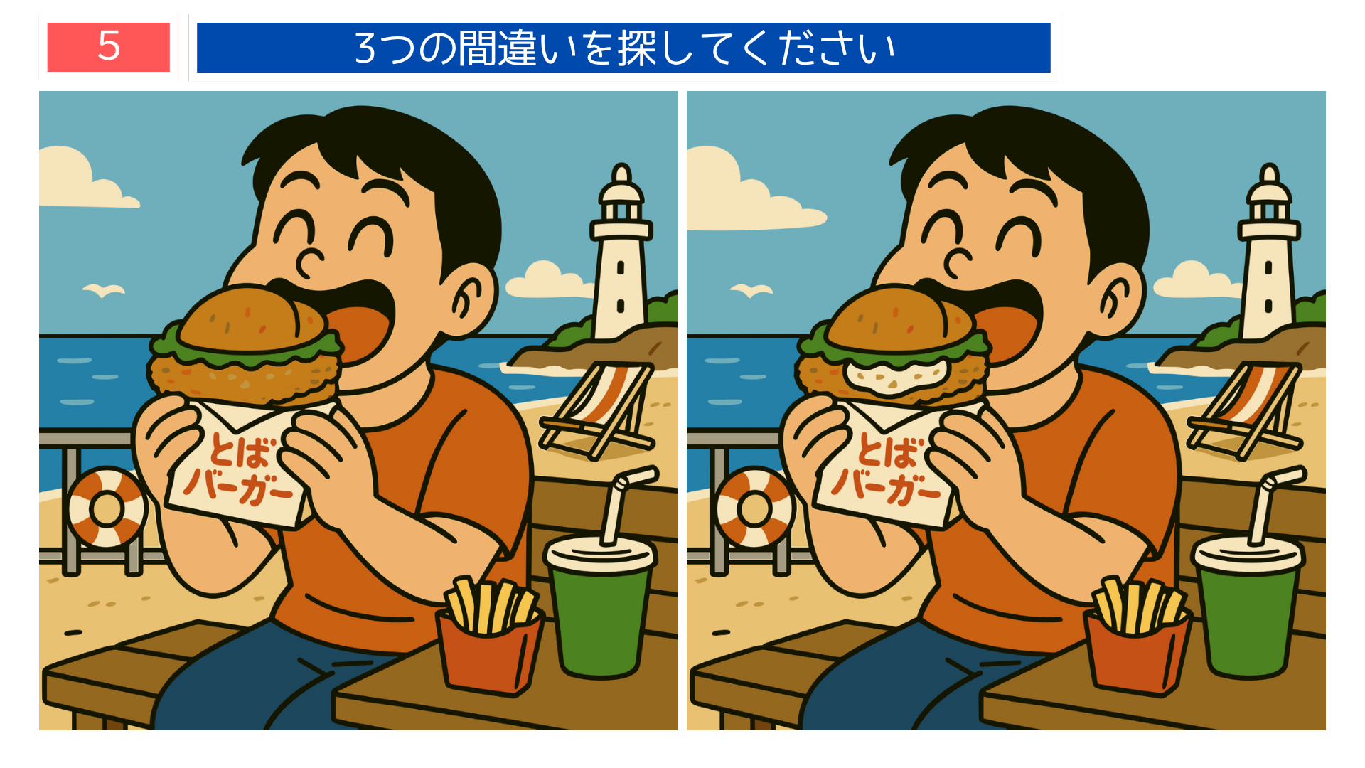間違い探しクイズ|鳥羽バーガーを食べる男性と灯台のある海辺のイラスト