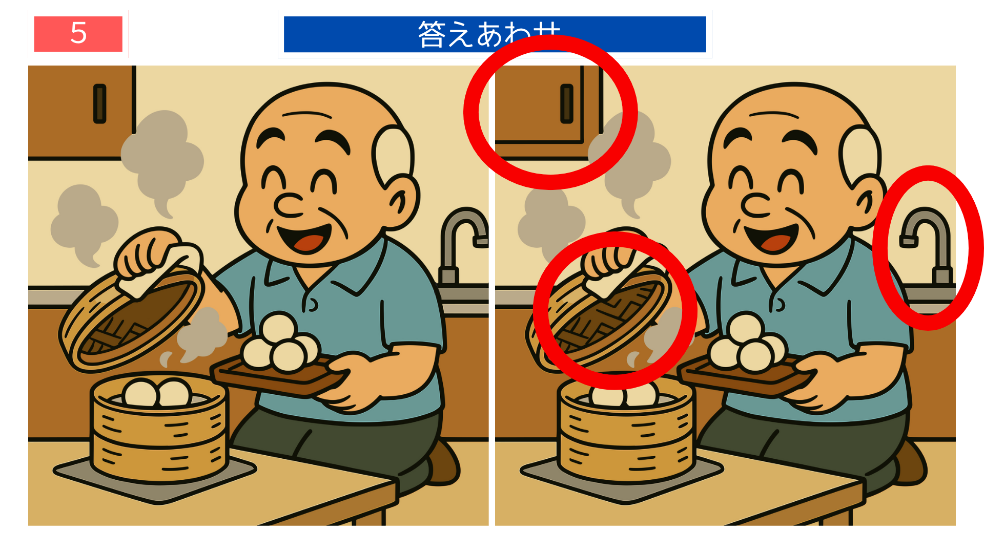 間違い探しクイズ|おじいさんが蒸し器でお団子をふかす台所のイラストの答え