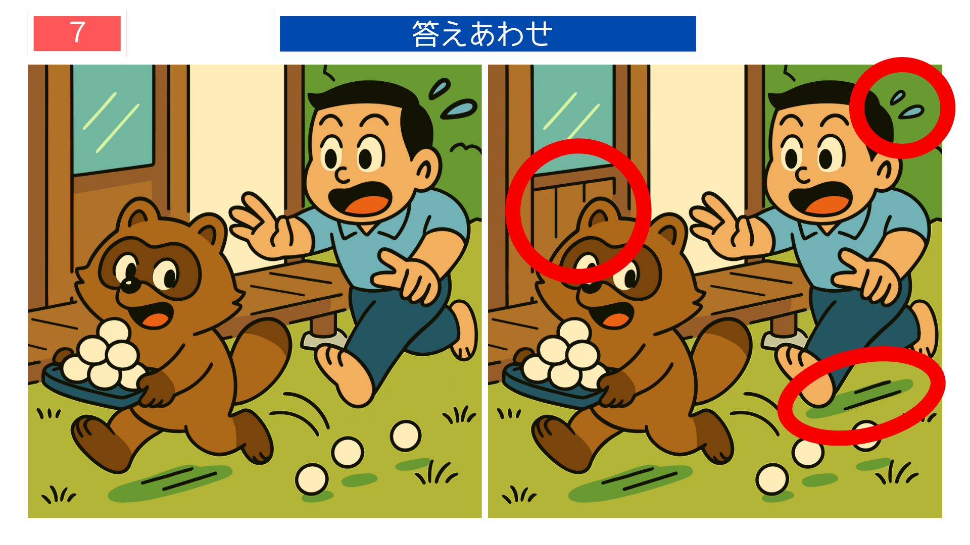 間違い探しクイズ|お団子を持って逃げるたぬきと追いかける男性のイラストの答え