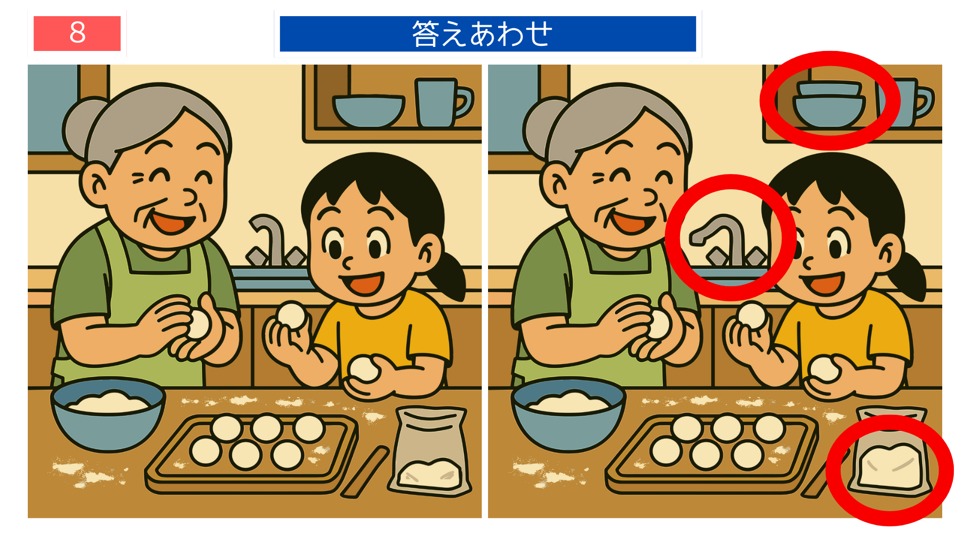 間違い探しクイズ|おばあさんと孫が一緒にお団子を丸める台所のイラストの答え