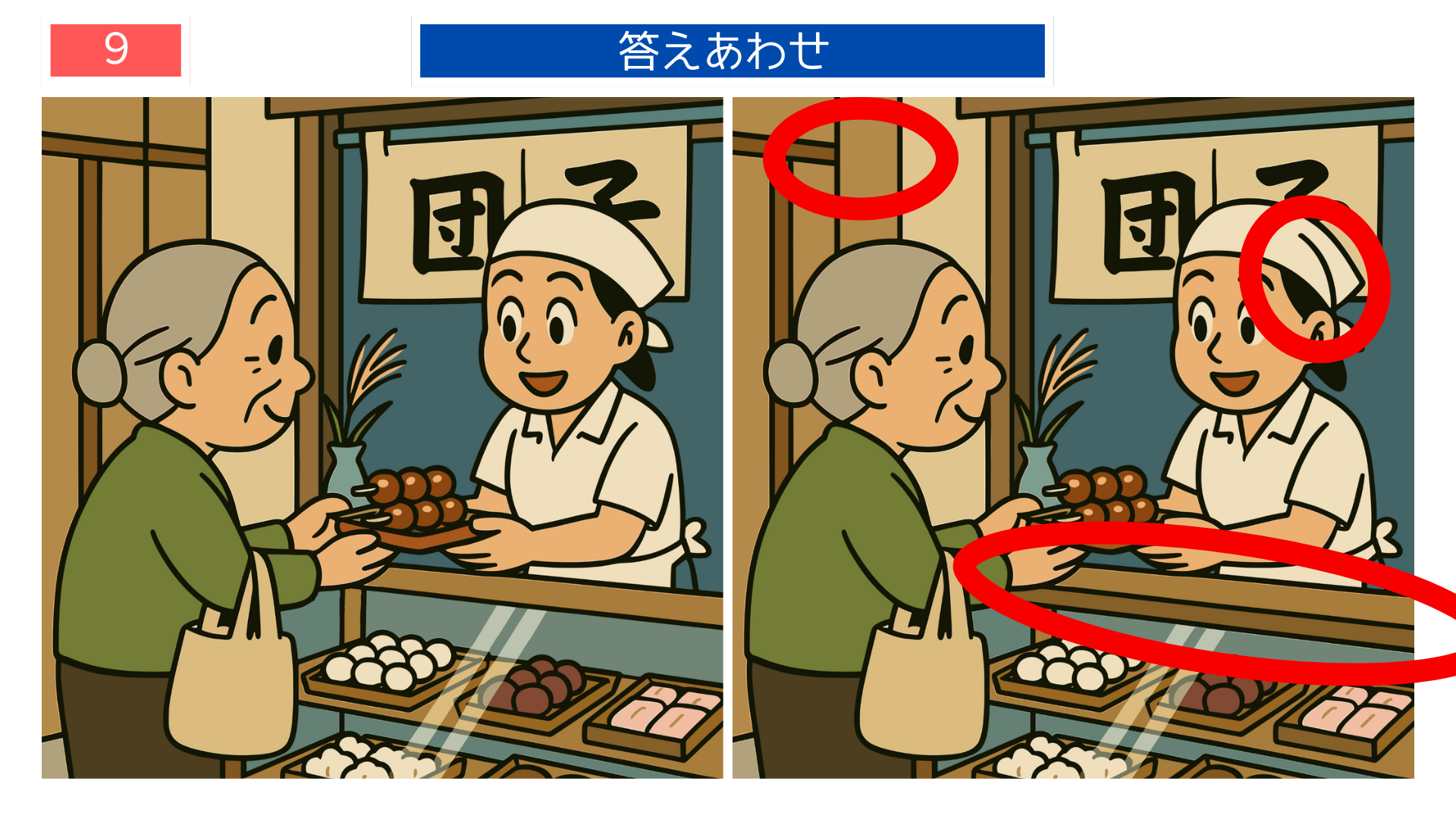 間違い探しクイズ|和菓子屋の店先でおばあさんが団子を受け取るイラストの答え