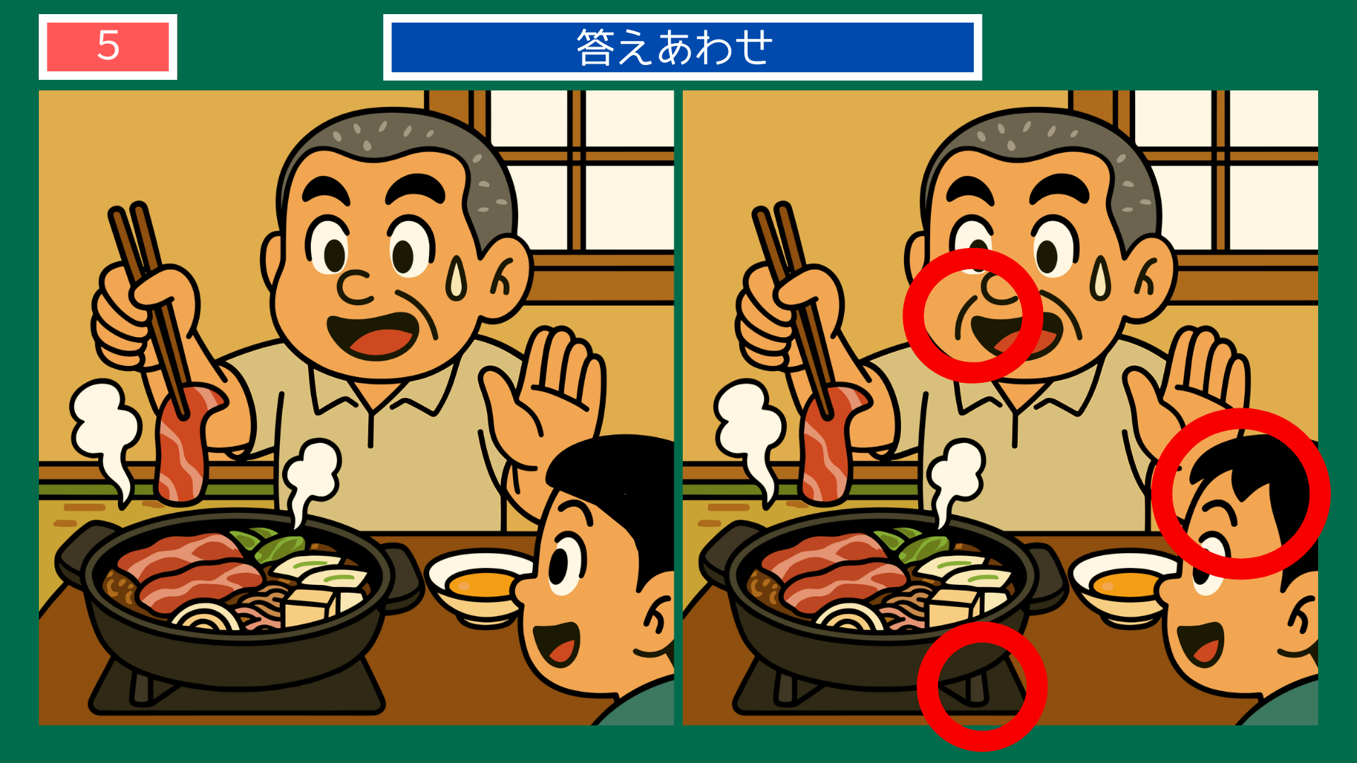間違い探しクイズ答え|すき焼きを囲む家族の食卓の答えイラスト