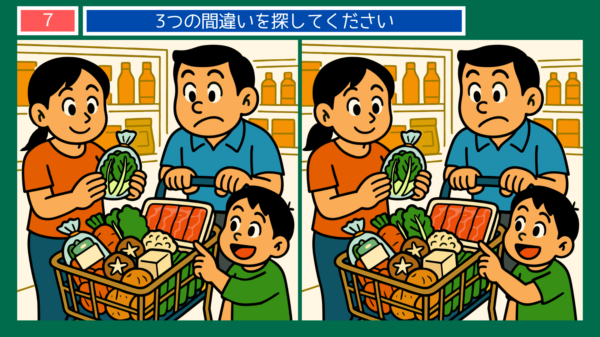 間違い探しクイズ|スーパーで野菜や肉を買う家族のイラスト