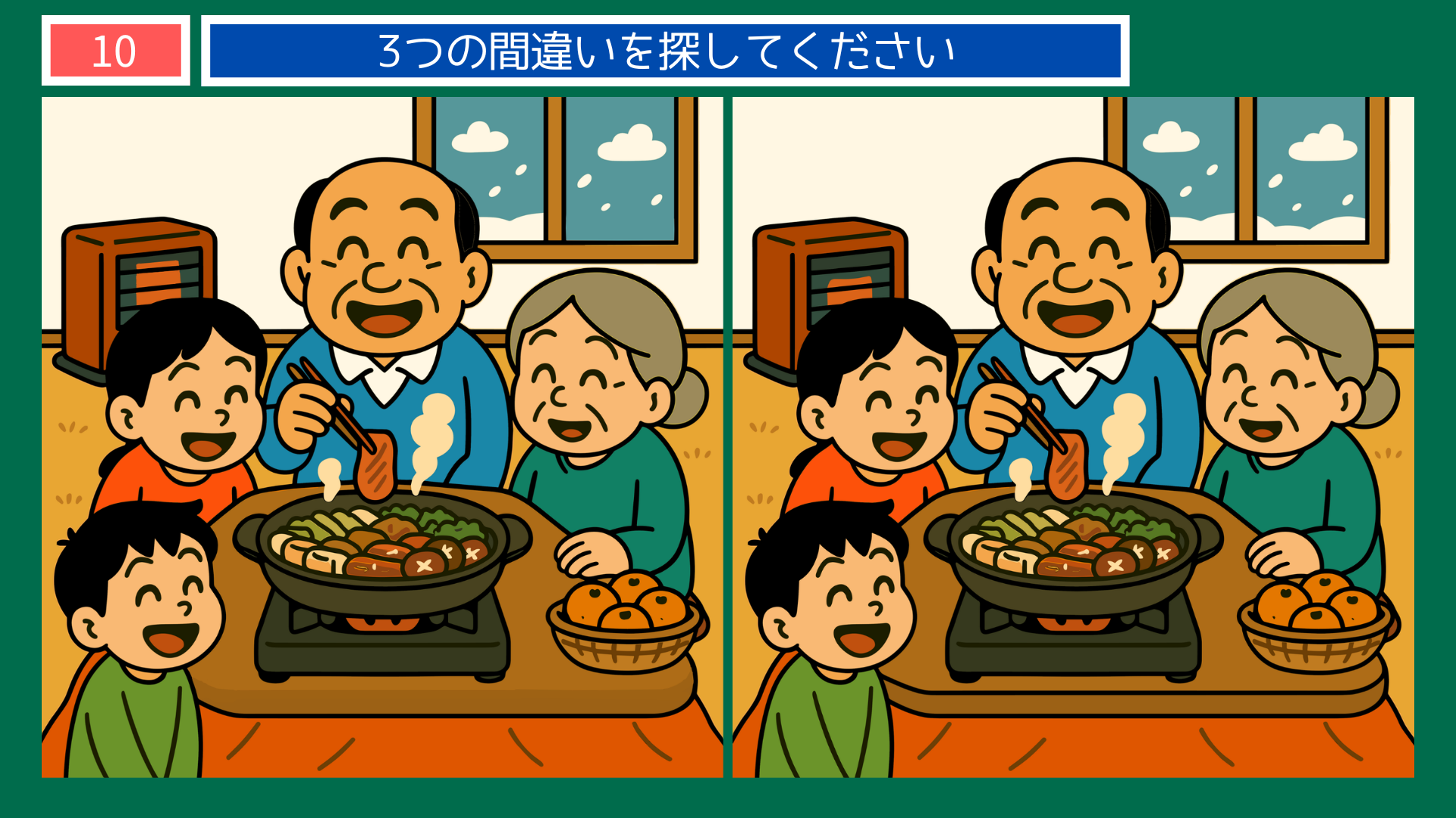 間違い探しクイズ|すき焼きを囲んで笑顔の家族のイラスト