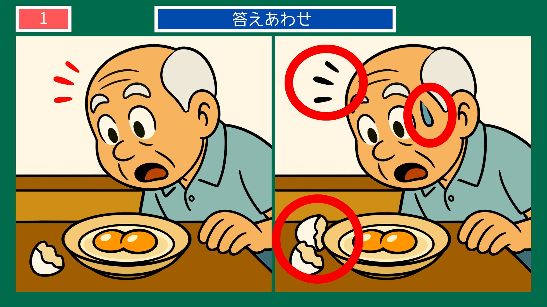 間違い探しクイズ答え|双子の黄身に驚く男性の答えイラスト