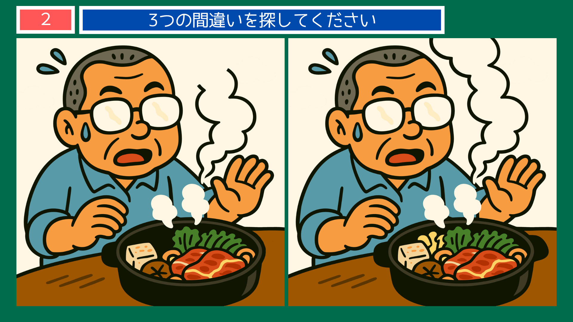 間違い探しクイズ|湯気の立つすき焼き鍋に驚く男性のイラスト