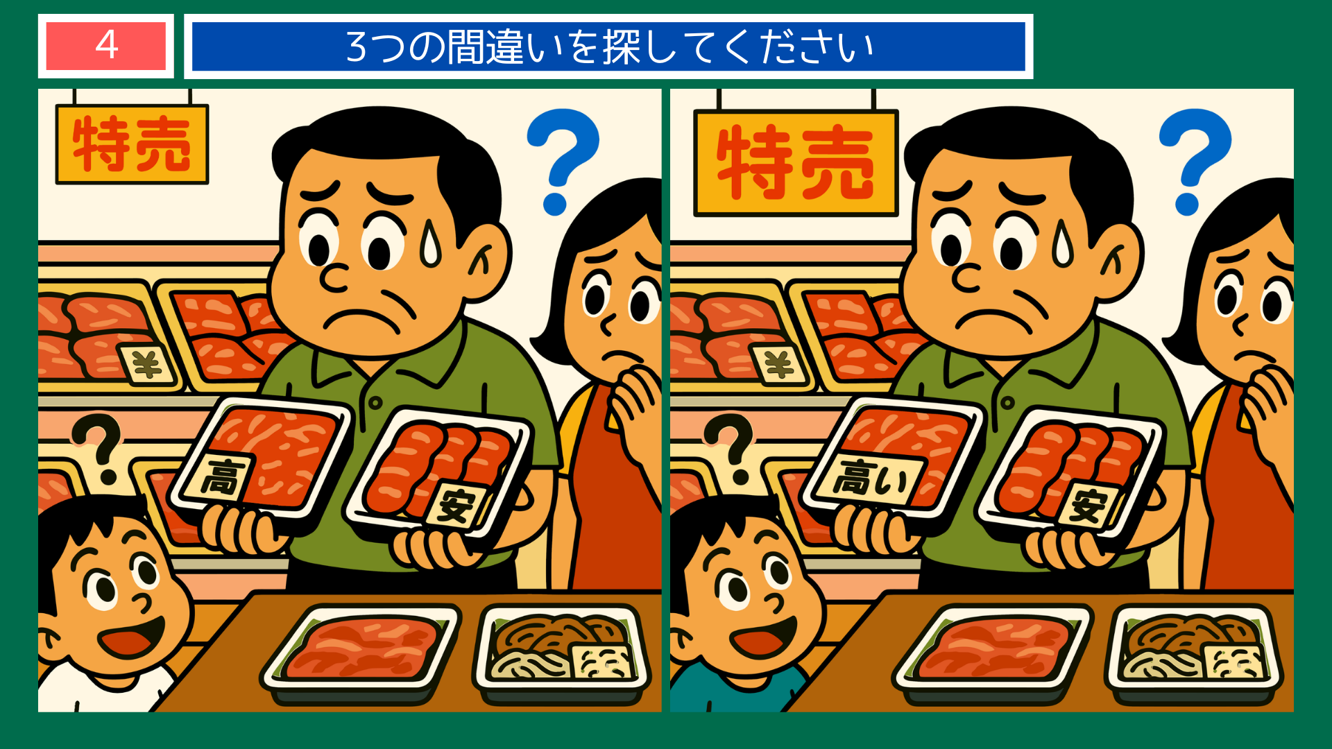 間違い探しクイズ|スーパーでお肉の値段に悩む家族のイラスト