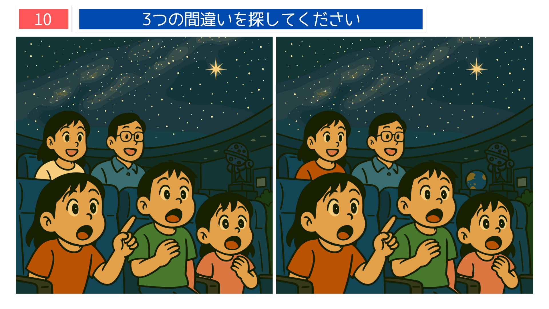 間違い探しクイズ|プラネタリウムで星空を眺める家族のイラスト