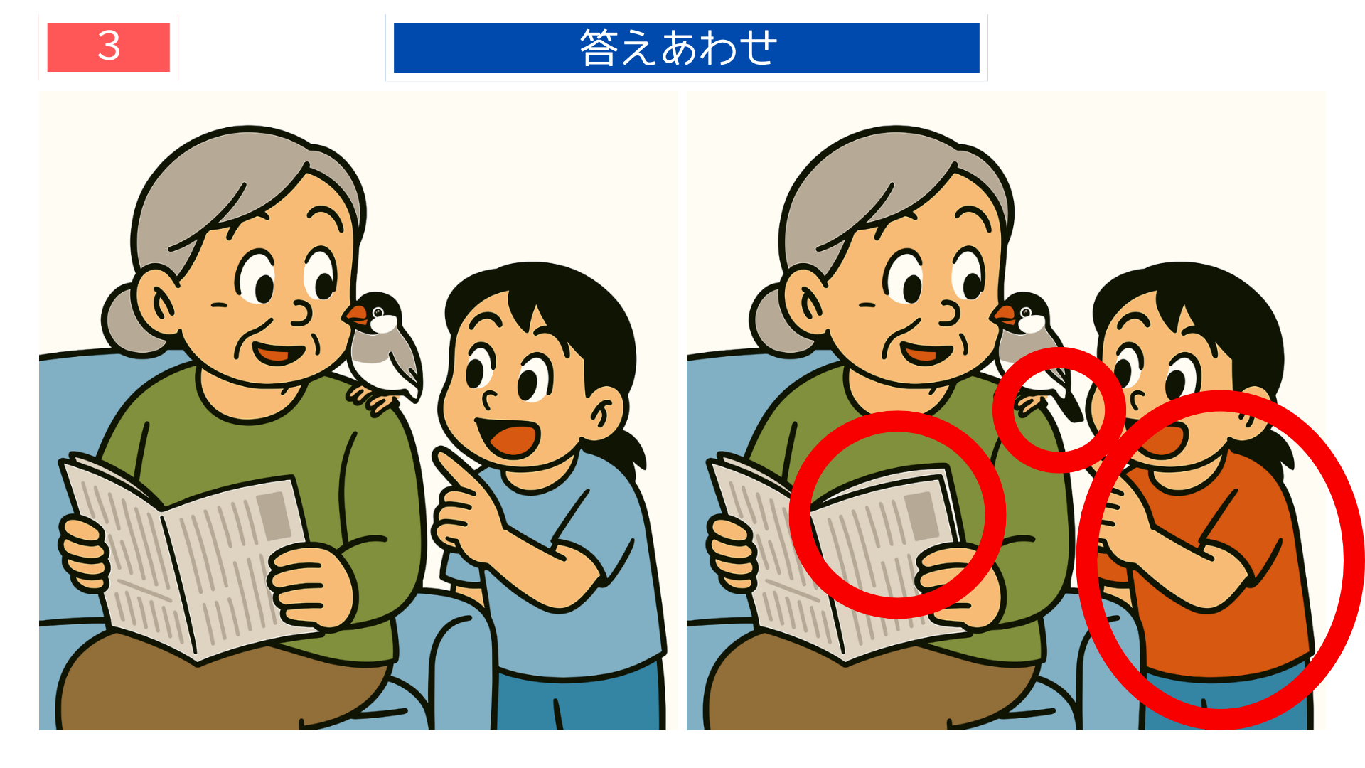 間違い探しクイズ|おばあちゃんと孫が新聞を読む答えイラスト