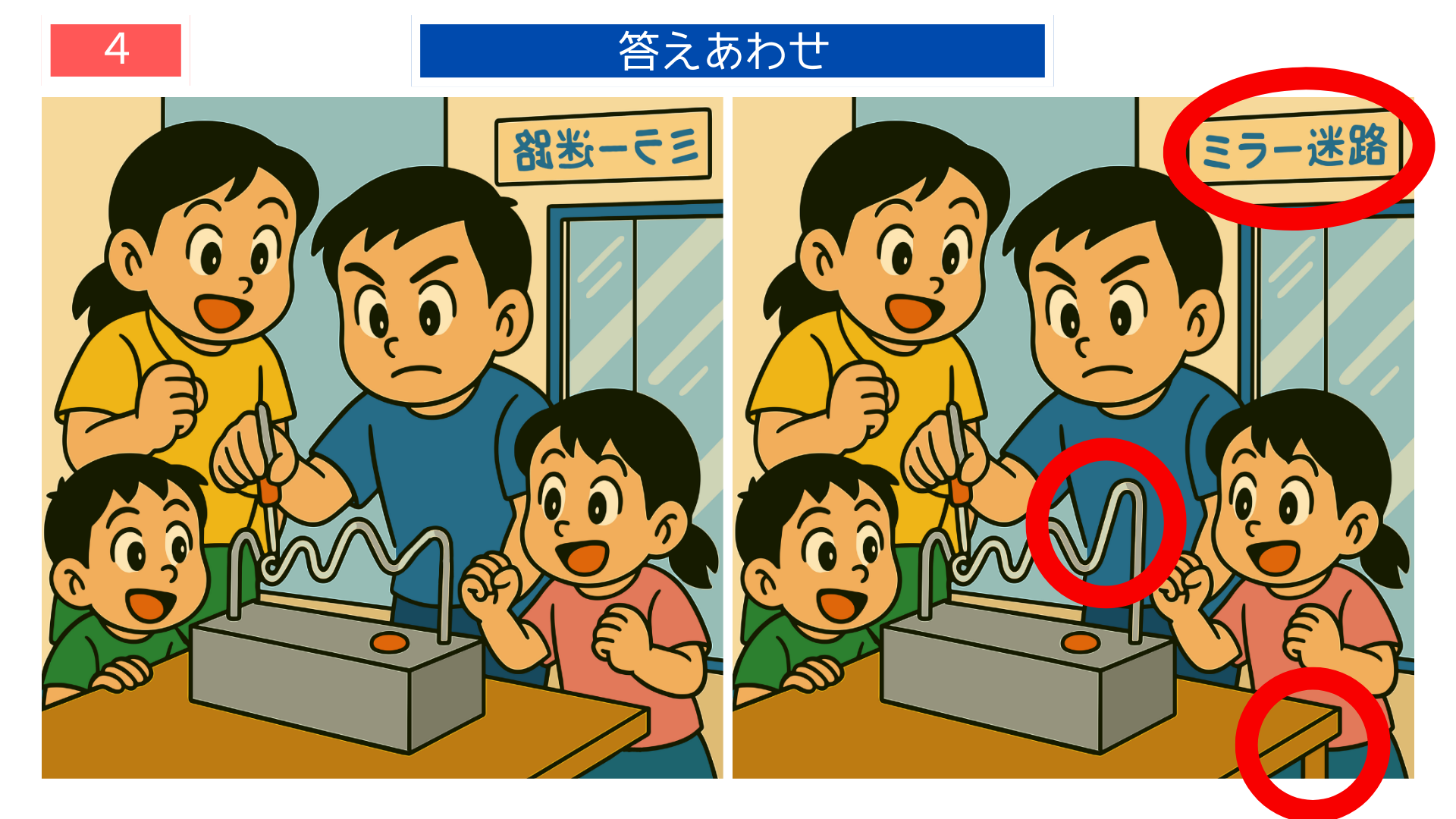 間違い探しクイズ|科学館で遊ぶ子どもたちの答えイラスト