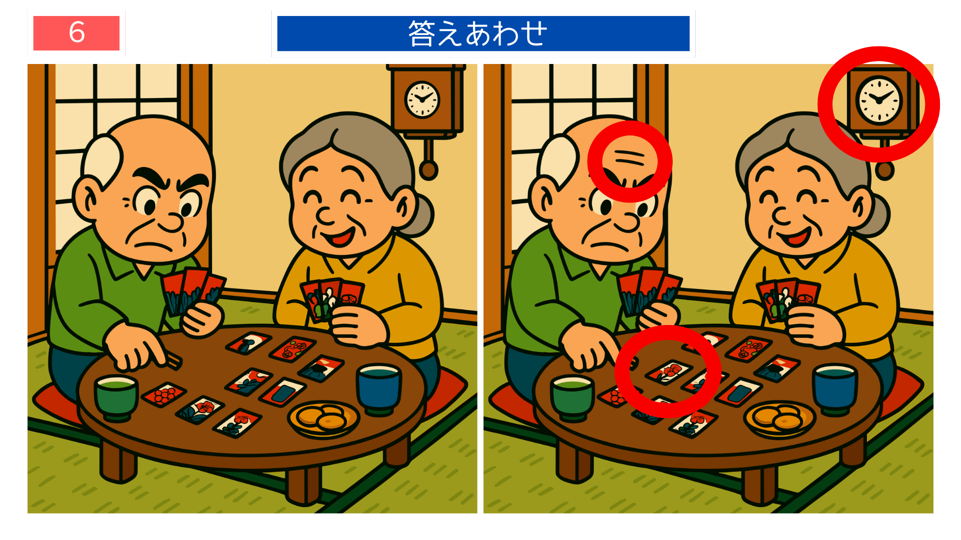 間違い探しクイズ|花札を並べる老夫婦の答えイラスト