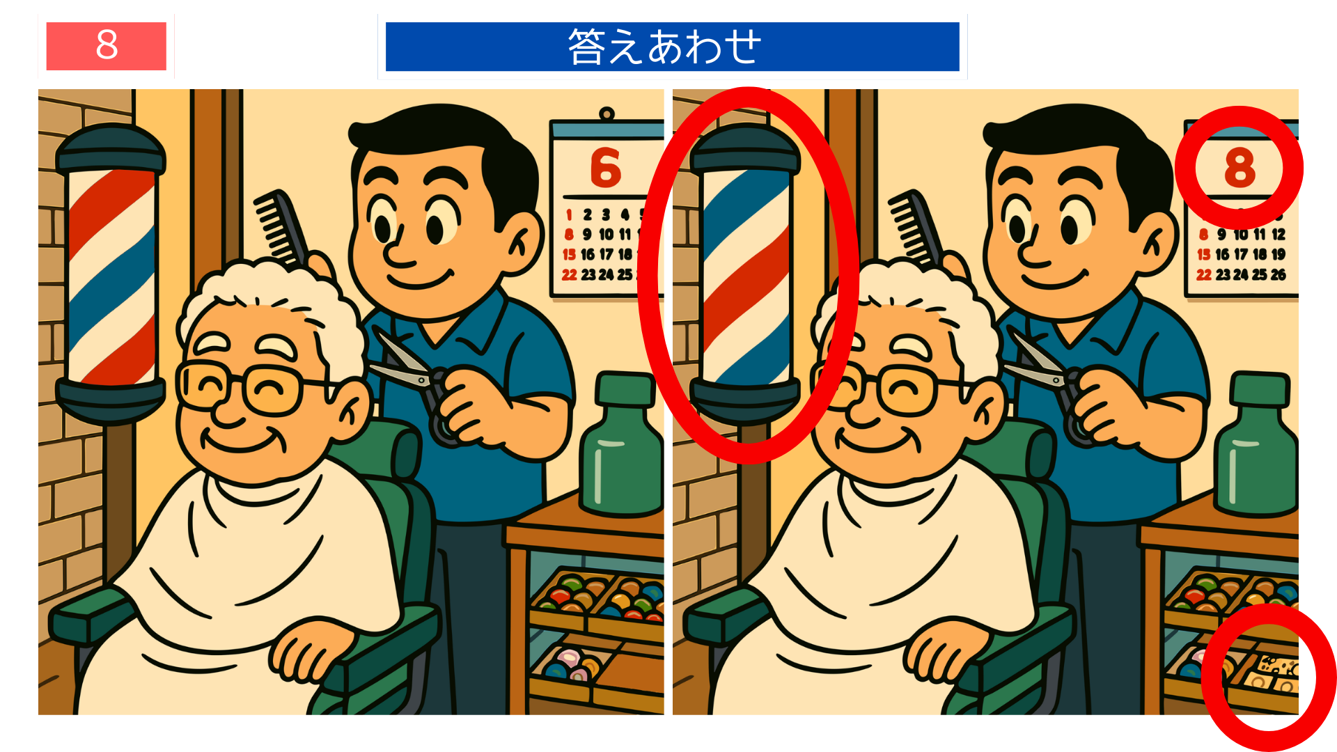 間違い探しクイズ|昭和の床屋で散髪するおじいさんの答えイラスト