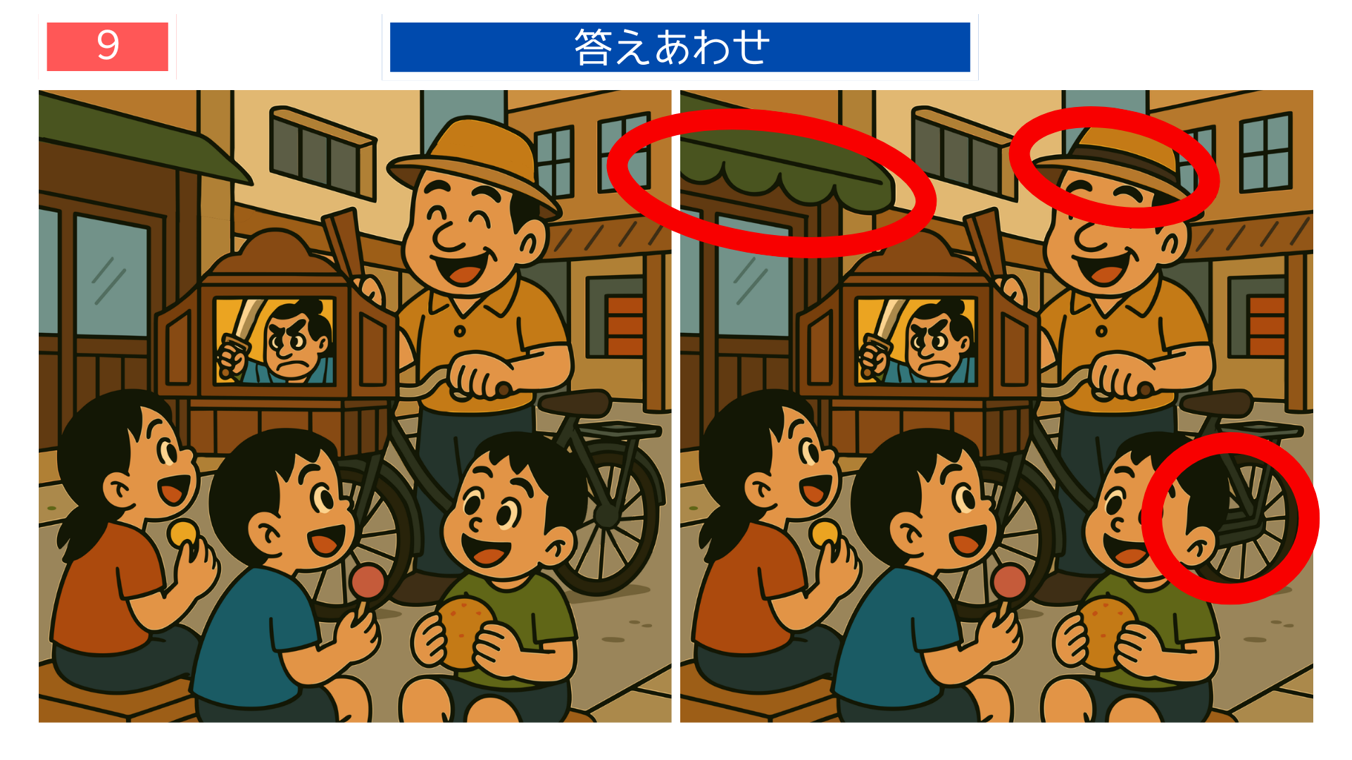 間違い探しクイズ|昭和の紙芝居を楽しむ子どもたちの答えイラスト