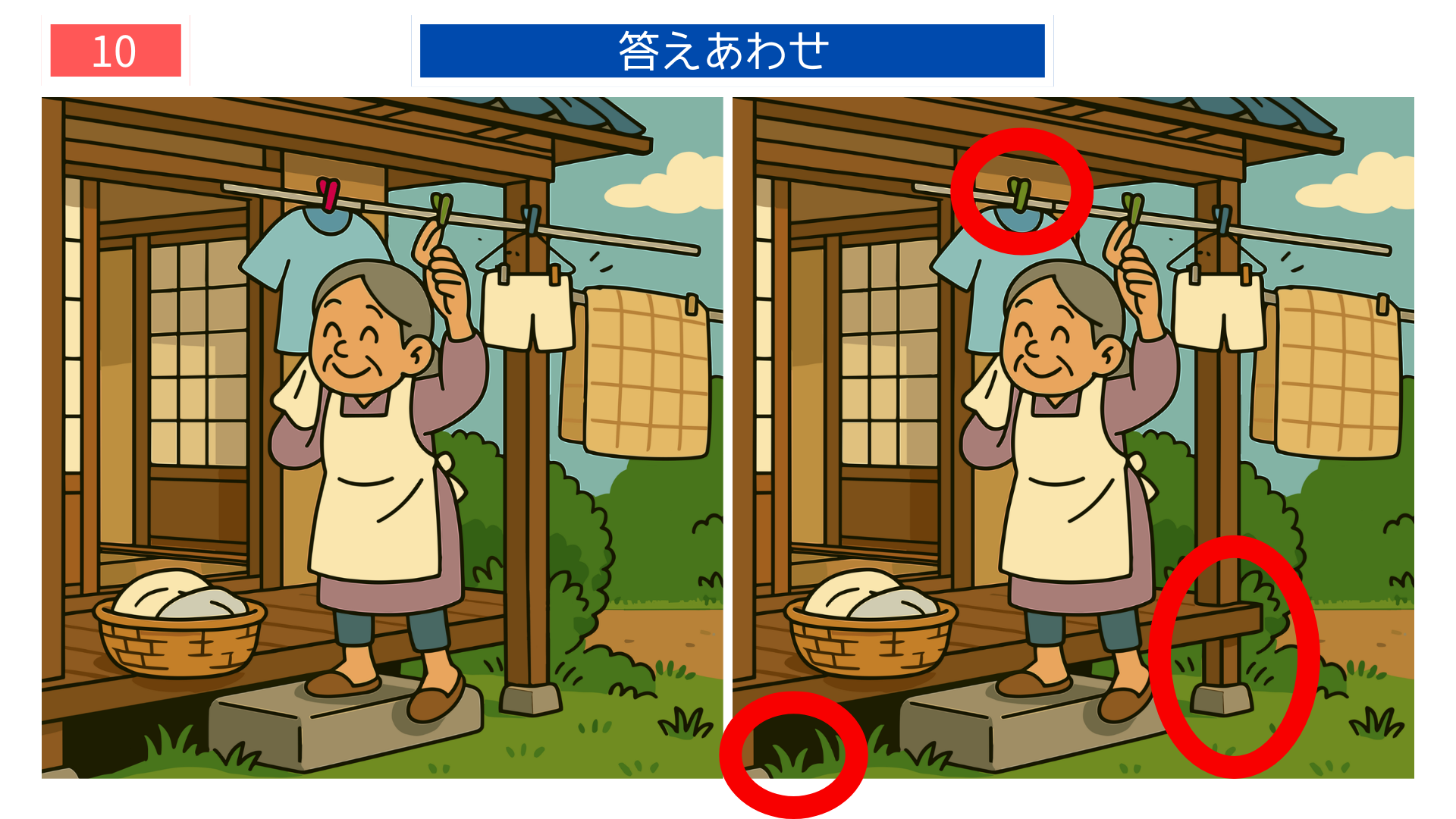 間違い探しクイズ|縁側で洗濯物を干すおばあちゃんの答えイラスト