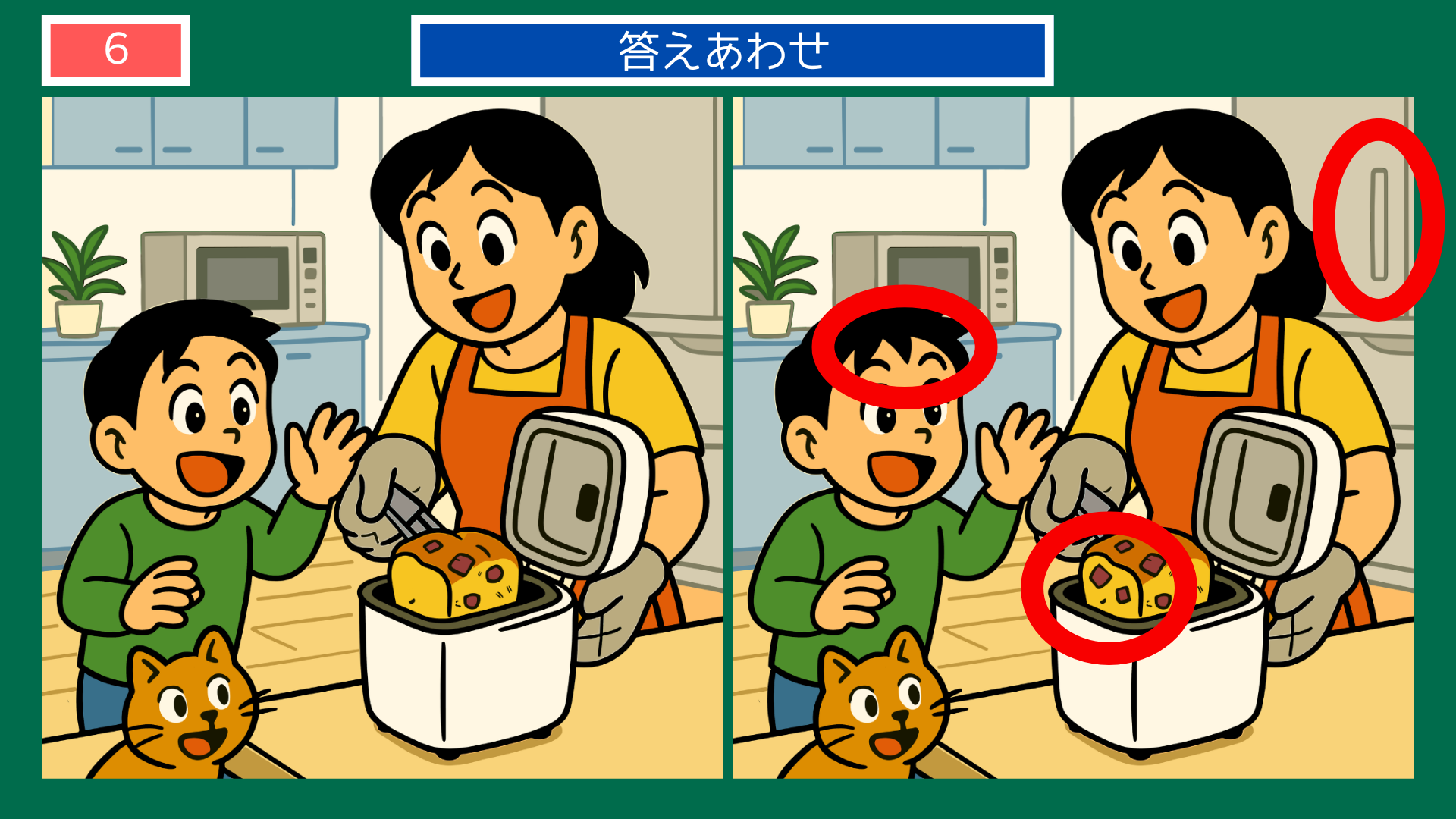 間違い探しクイズ|ホームベーカリーで焼きたてパンを取り出す母と子の答えイラスト