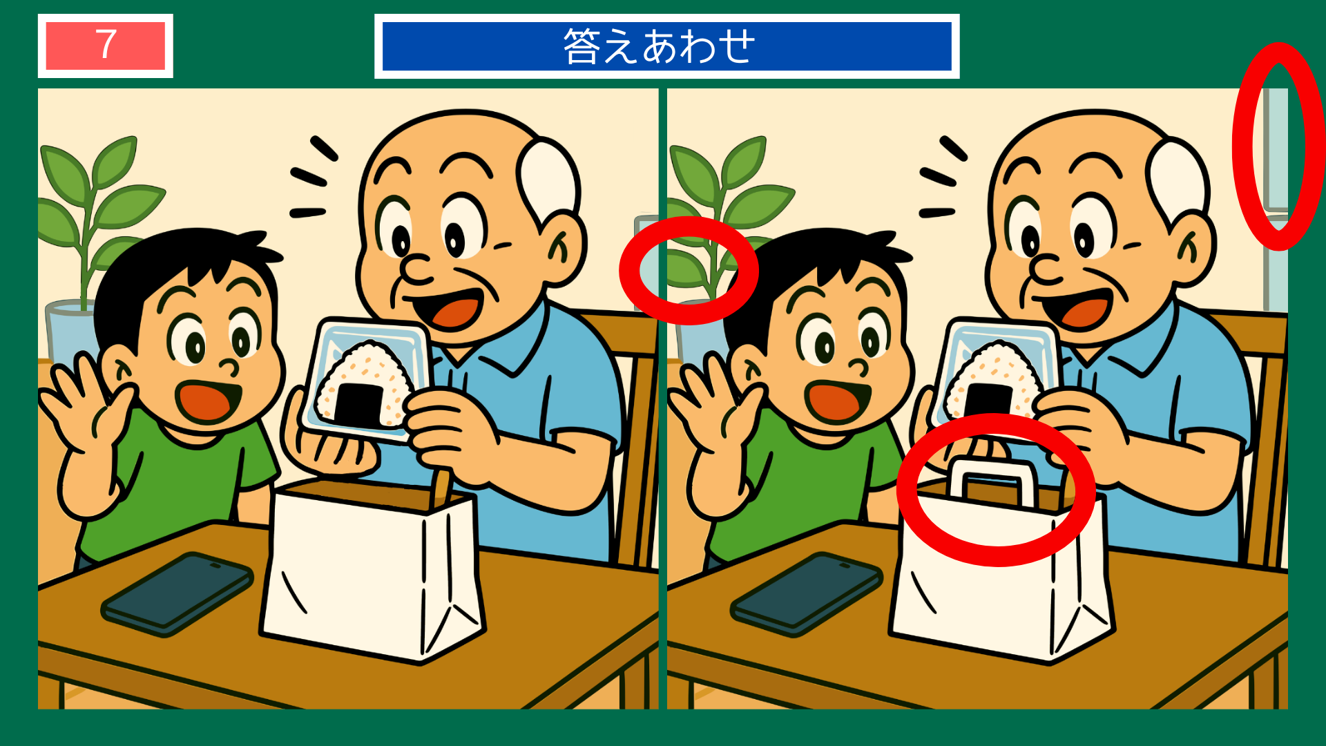 間違い探しクイズ|おにぎりを袋から取り出して見せるおじいさんと孫の答えイラスト