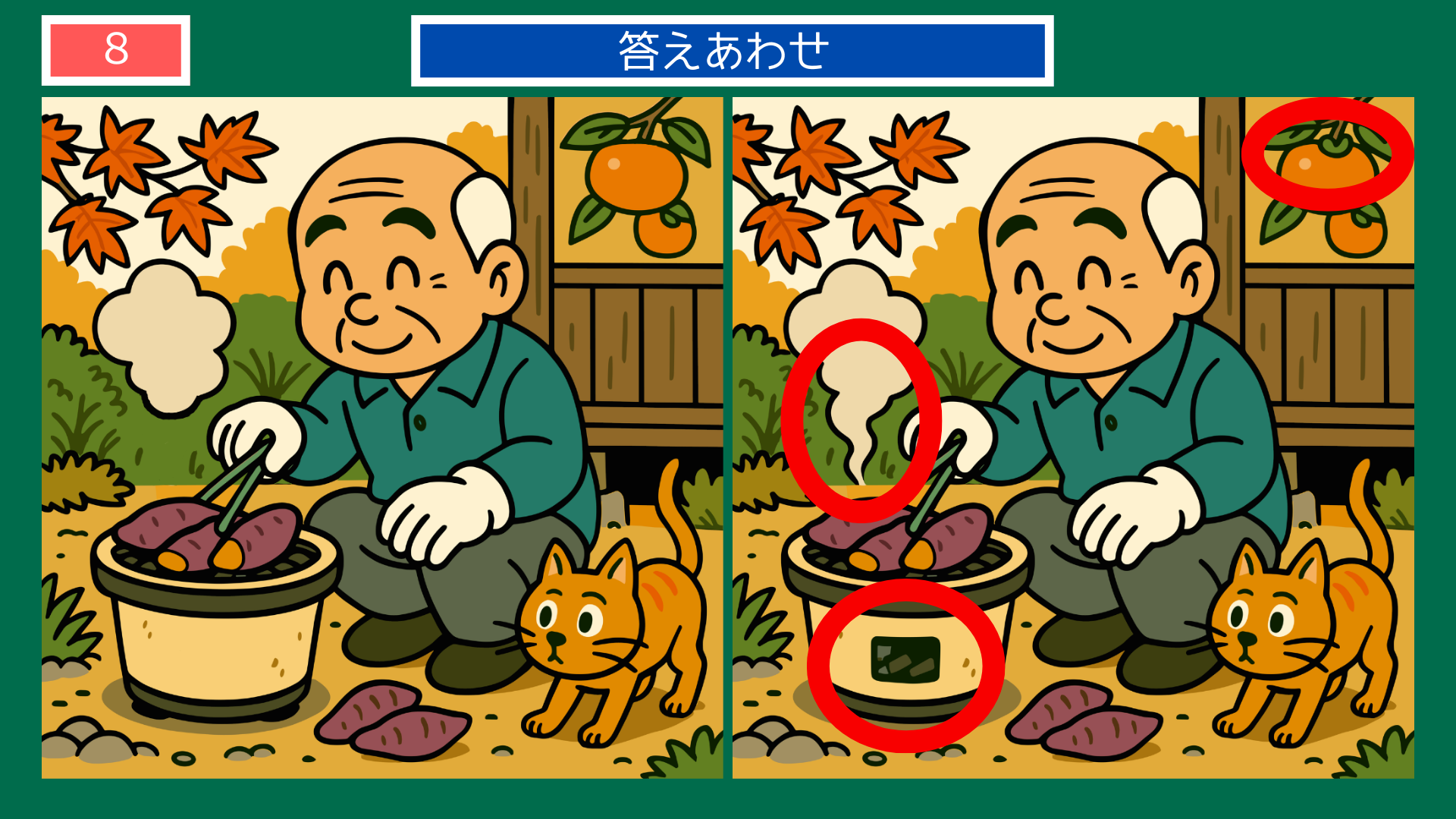 間違い探しクイズ|焼きいもを作るおじいさんと猫の答えイラスト