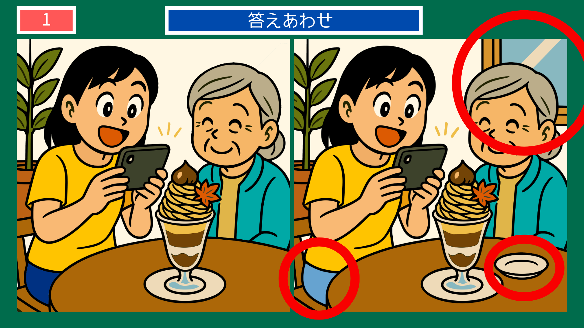 間違い探しクイズ|スマホで写真を撮る女性とおばあさん、秋のパフェを楽しむ答えイラスト