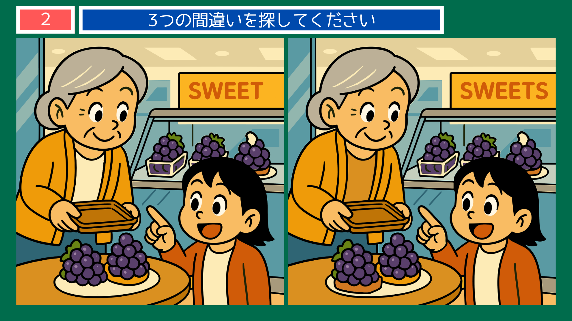 間違い探しクイズ|ぶどうのタルトを選ぶ祖母と孫のイラスト