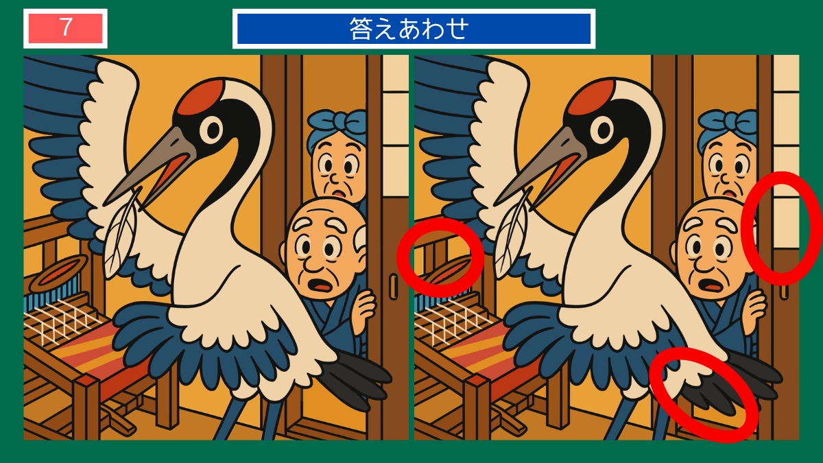 間違い探しクイズ|織機の前で羽を織る鶴を見て驚く老夫婦の答えイラスト