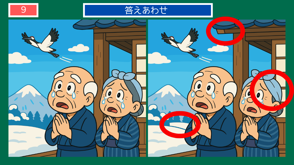 間違い探しクイズ|空に飛び立つ鶴を見上げる老夫婦の答えイラスト