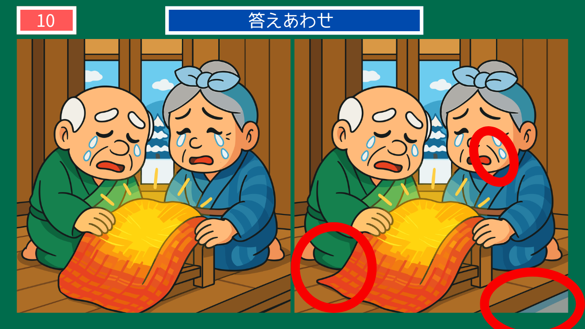 間違い探しクイズ|織物を手に悲しむおじいさんとおばあさんの答えイラスト