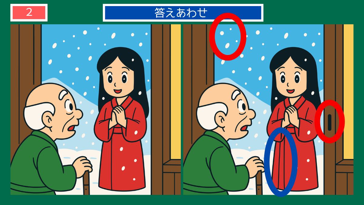 間違い探しクイズ|赤い着物の娘が家の前で立つシーンの答えイラスト