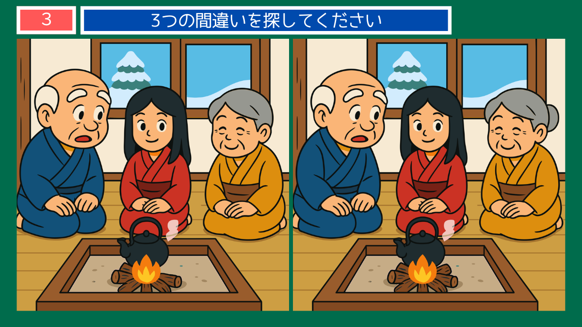 間違い探しクイズ|囲炉裏を囲んで娘とおじいさん夫婦が話すイラスト