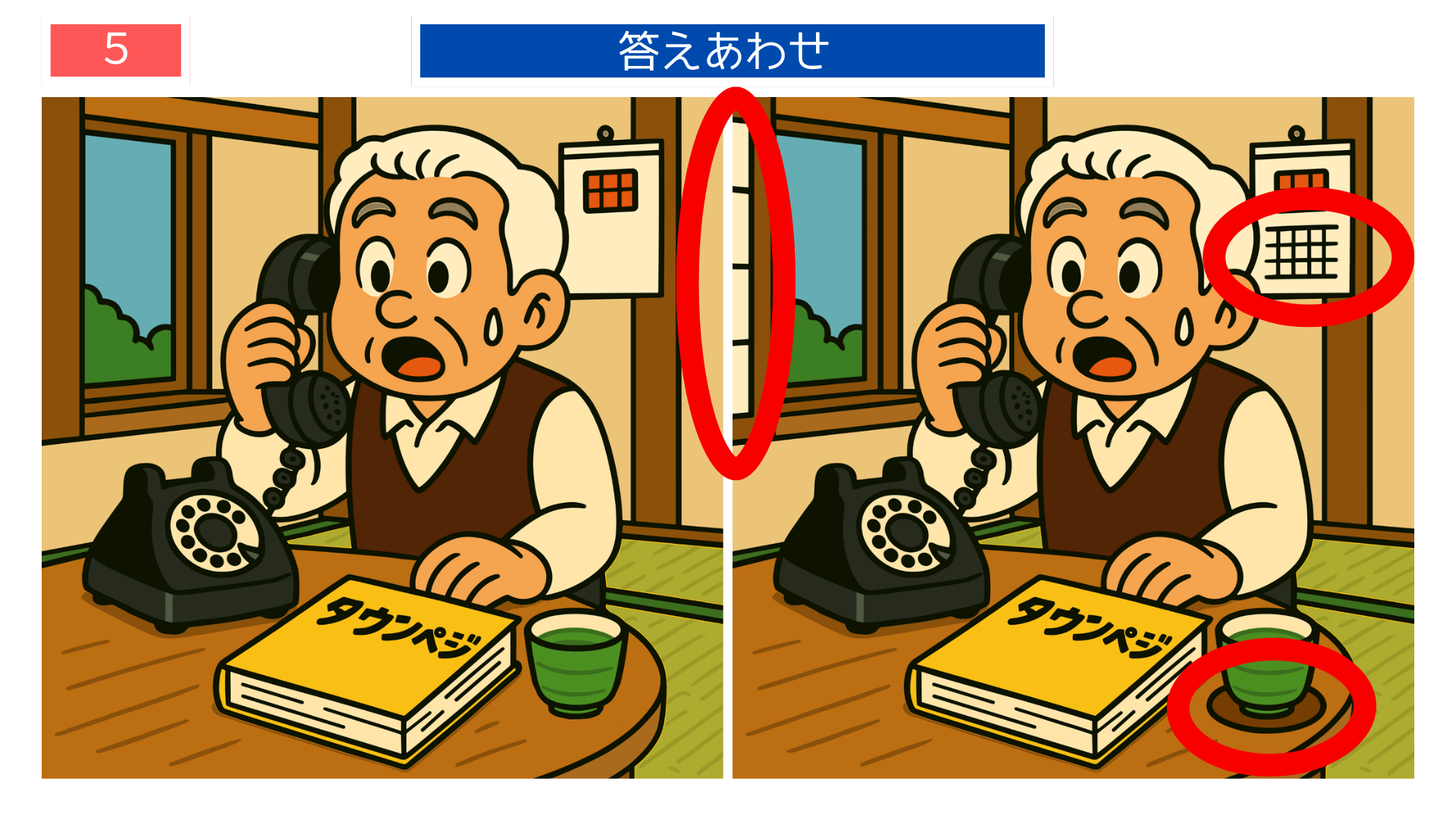 間違い探しクイズ答え|黒電話とタウンページを使う男性の答えイラスト