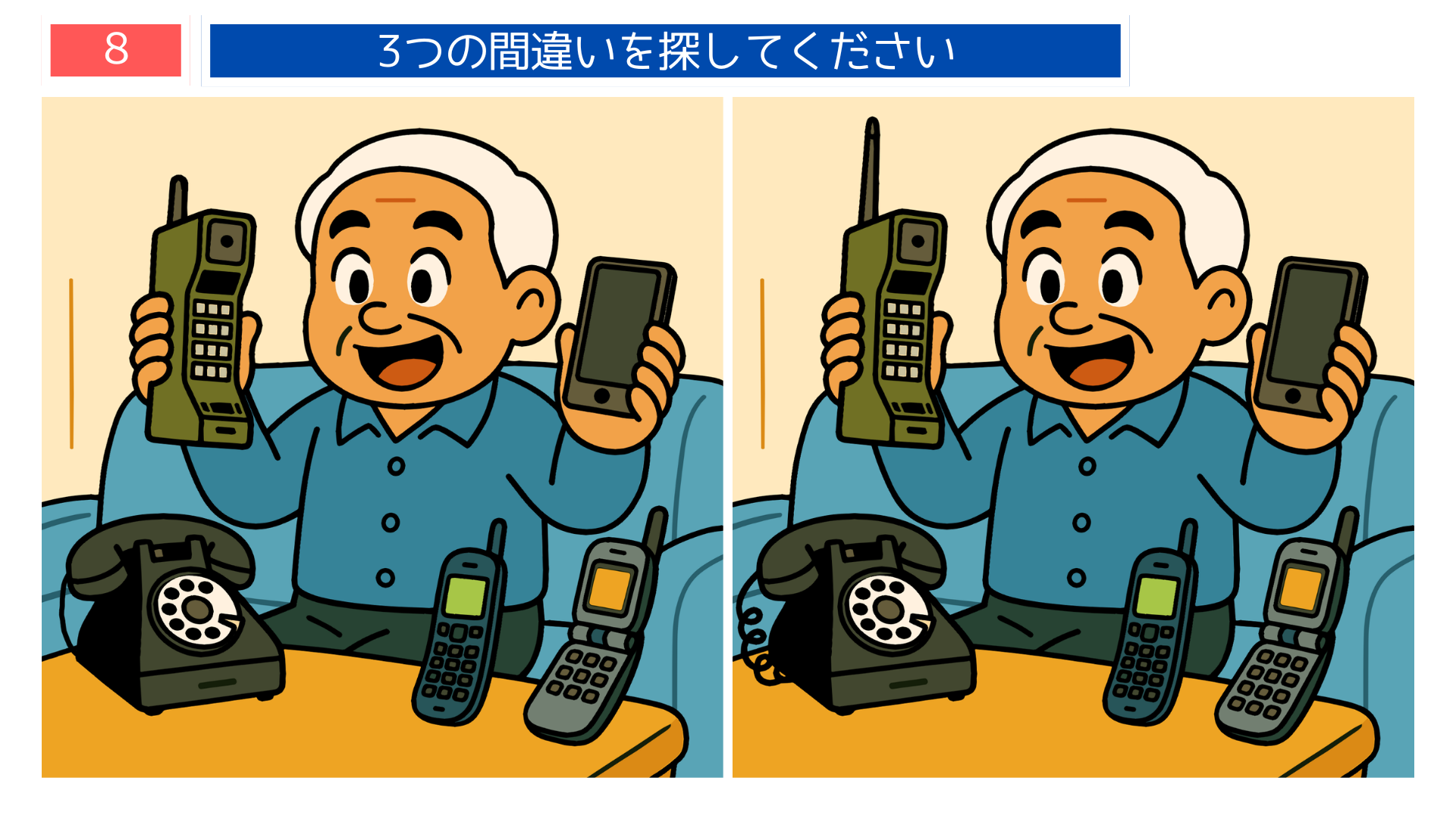 間違い探しクイズ|黒電話・携帯・スマホを並べて通信の進化を見比べる男性のイラスト