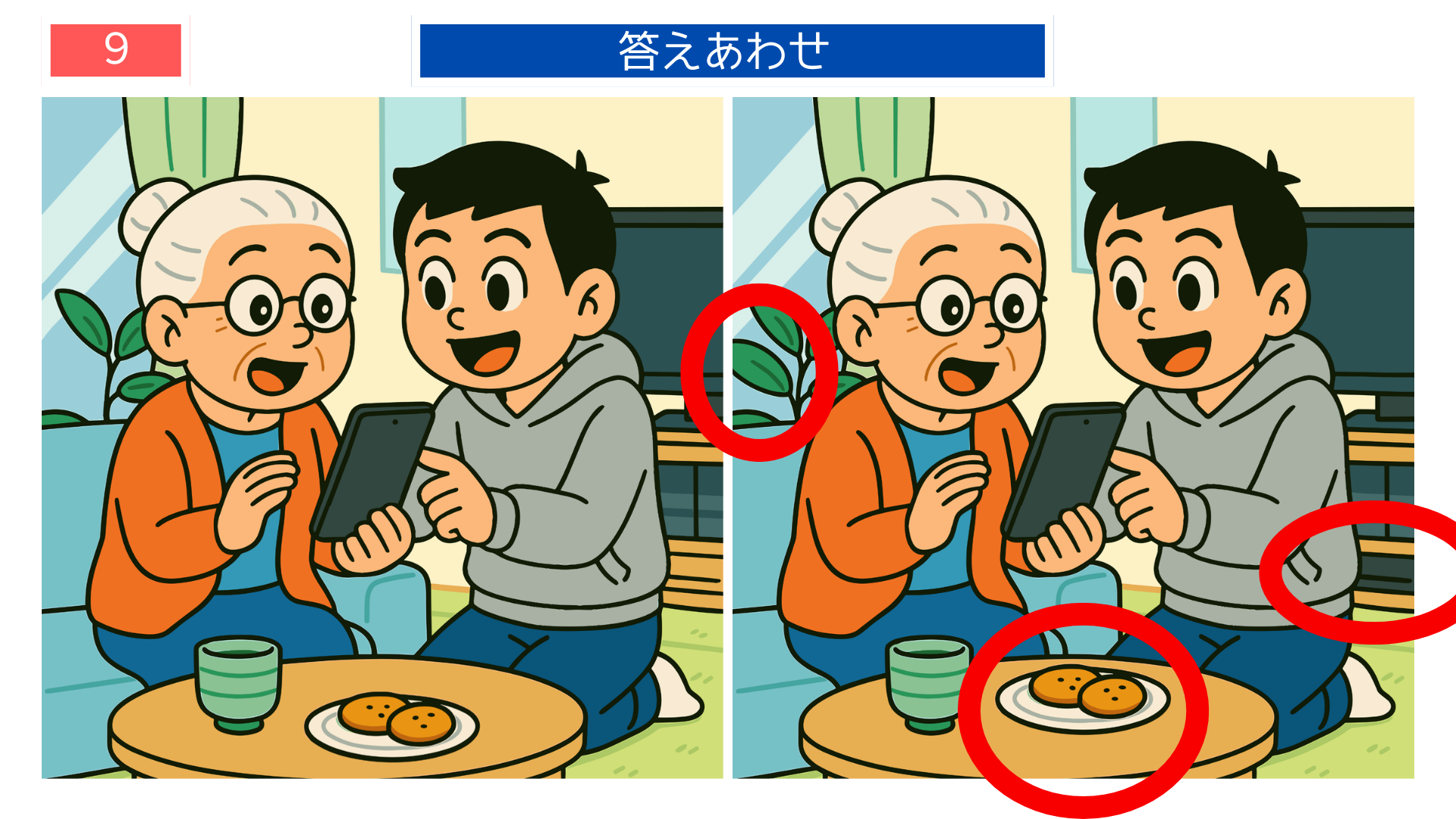 間違い探しクイズ答え|スマホ操作を教わるおばあさんと孫の答えイラスト
