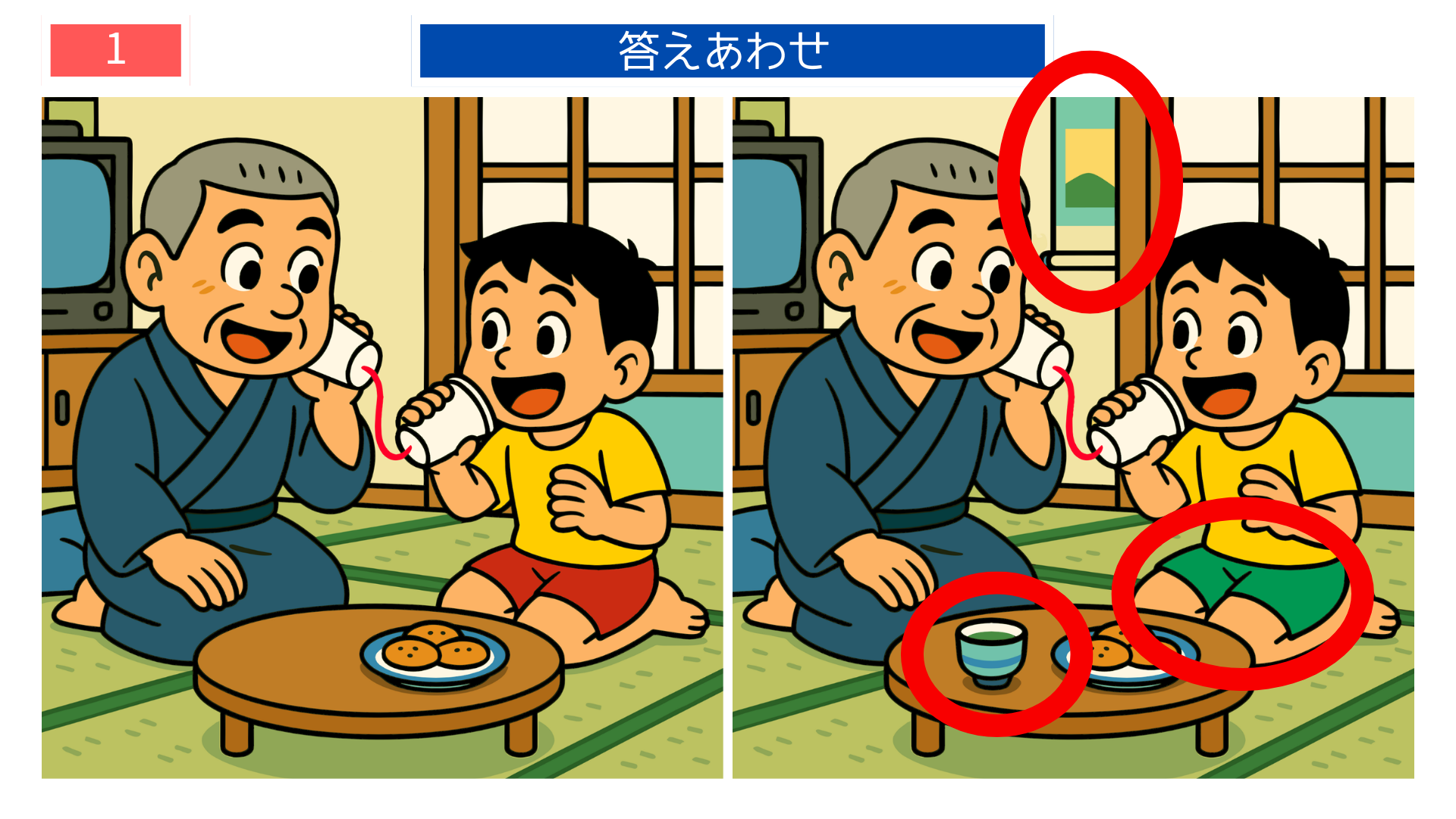 間違い探しクイズ答え|糸電話で遊ぶ祖父と孫の答えイラスト