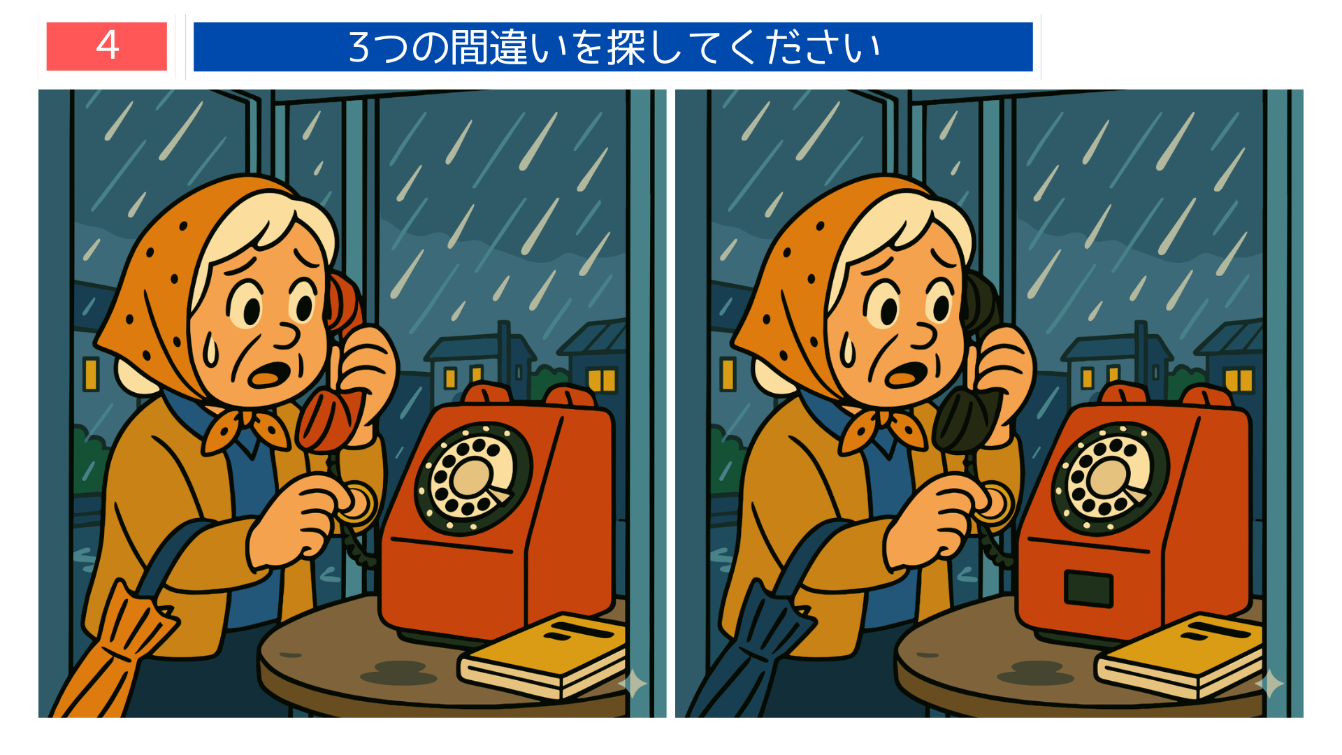 間違い探しクイズ|雨の夜に赤い公衆電話を使う女性のイラスト