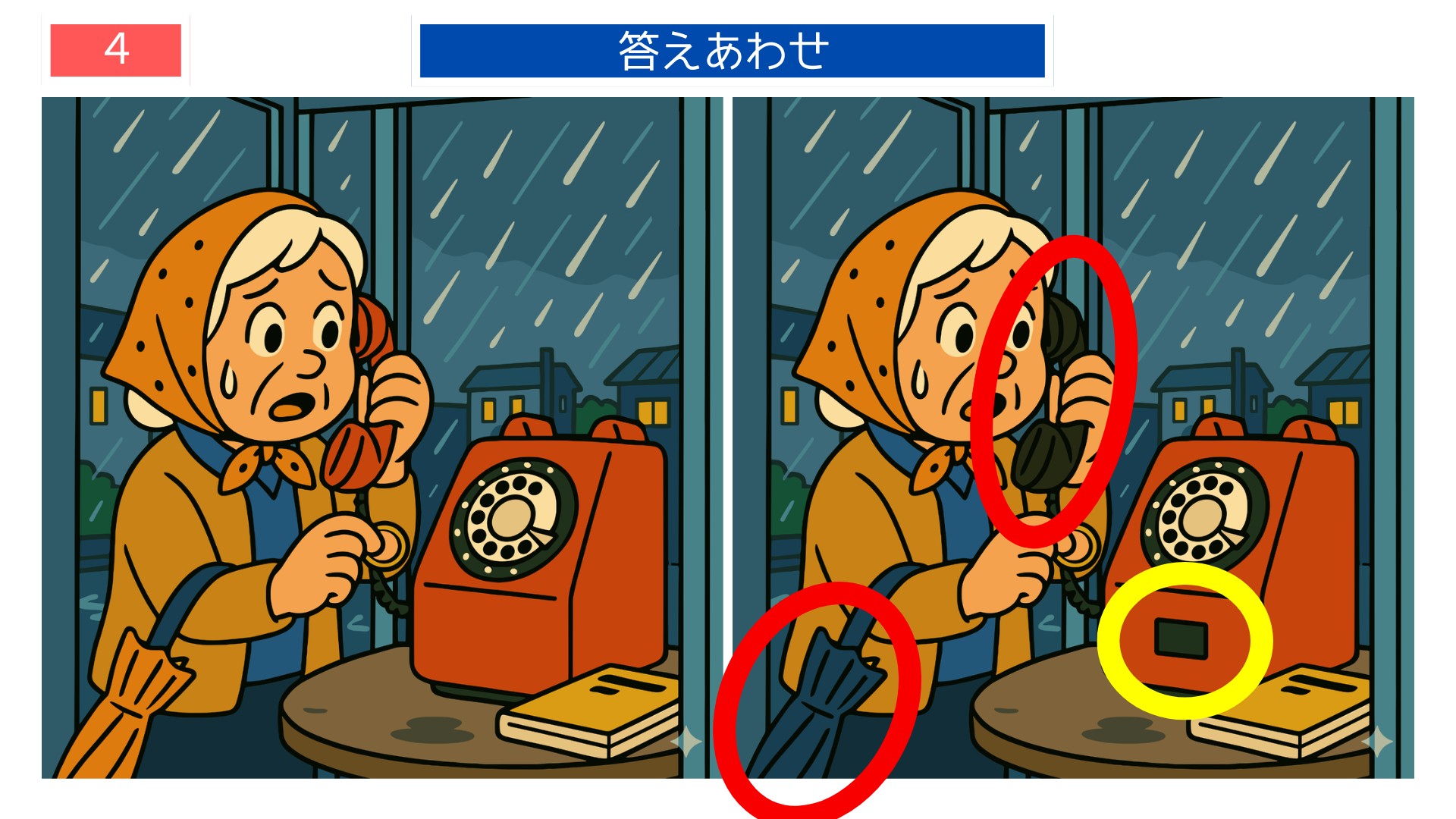 間違い探しクイズ答え|赤い公衆電話で通話する女性の答えイラスト