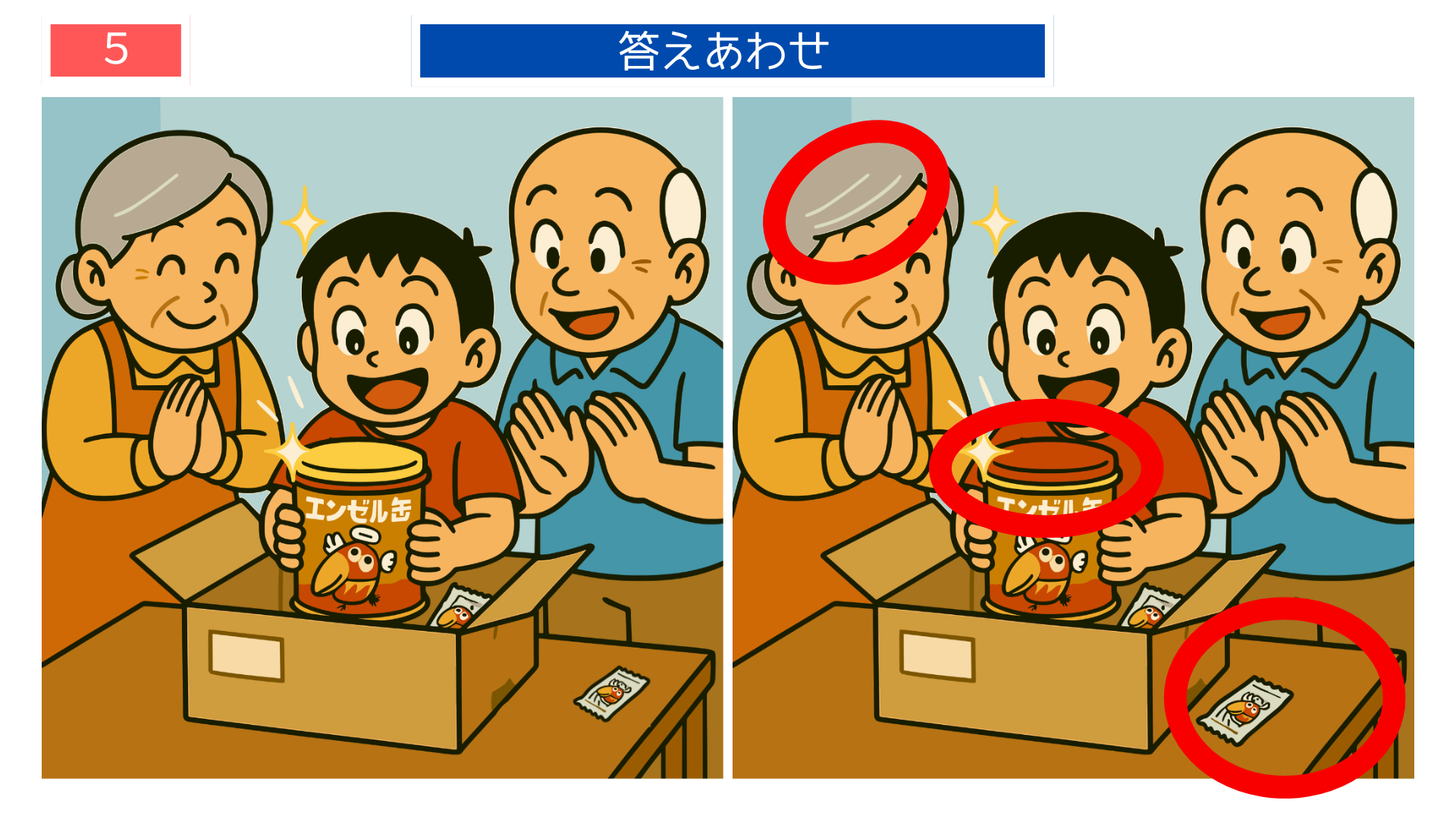 間違い探しクイズ|エンゼル缶が届いて喜ぶ家族の答えイラスト