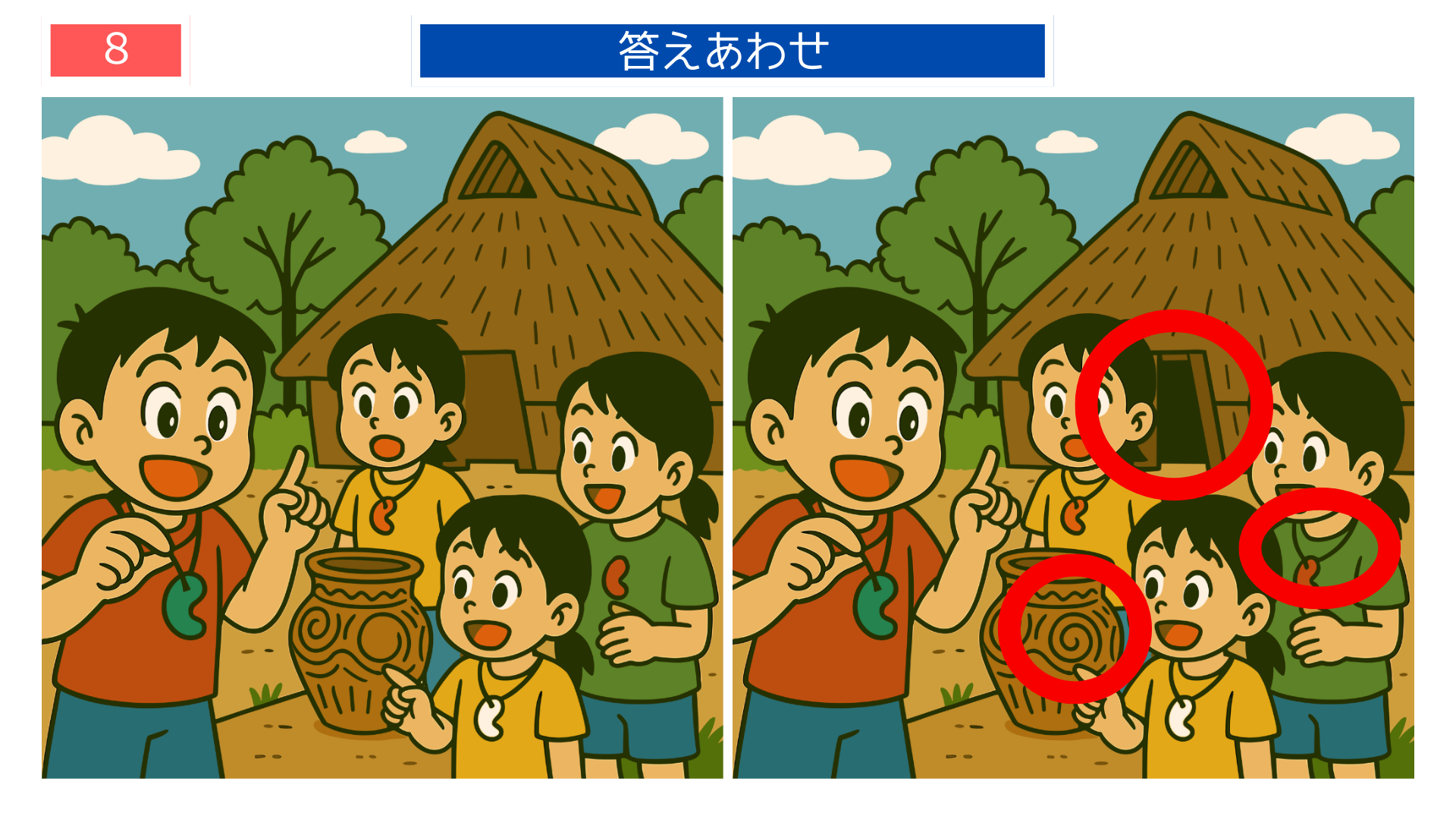 間違い探しクイズ|縄文の家の前で勾玉を見せ合う答えイラスト