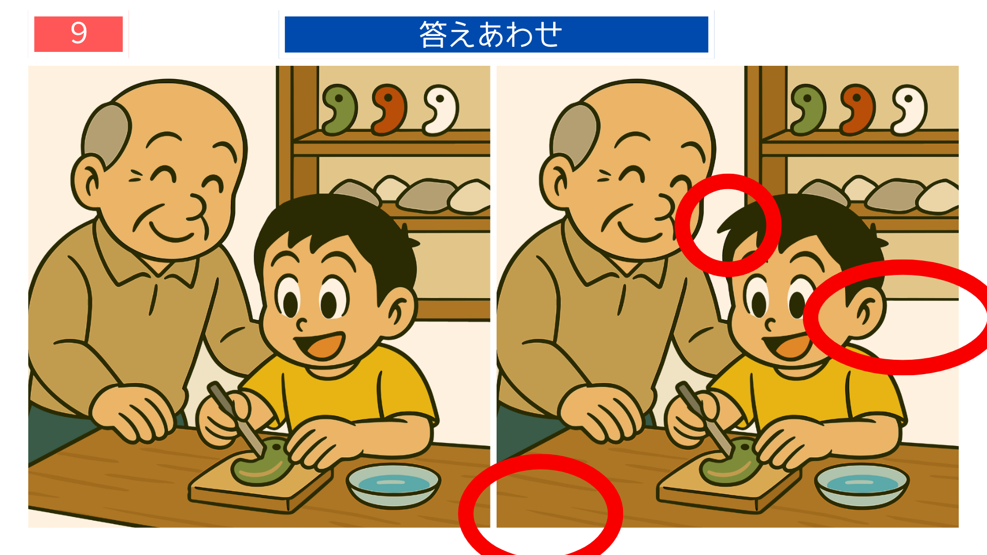間違い探しクイズ|勾玉づくりを楽しむ親子の答えイラスト